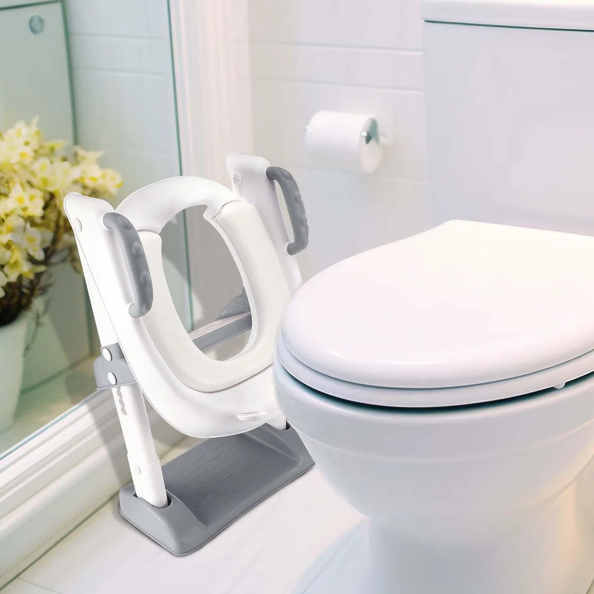 Mkitnvy Toilettensitz Kinder Kinder WC, Toilettensitz Toilettentrainer mit Treppe, Verstellbar Toilettentrainer mit PU Gepolsterter, Spritz- und Rutschfestes, für Jungen und Mädchen Baby
