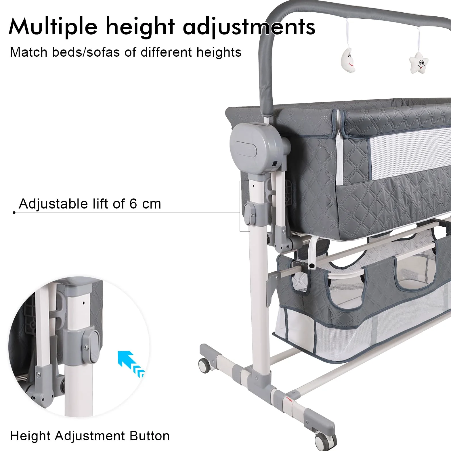 Tragbares Bettchen 3 in 1, Babyschaukel, Neugeborenenbett, mit Wickeltisch, Moskitonetz, Aufbewahrungskorb, Matratze, 4 Räder, für 0-24 Monate Baby (Elektrisch GRAU)