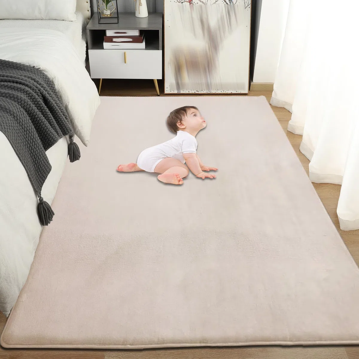 2cm Dicke Krabbelmatte Baby Spielteppich 130 x 190 cm Rutschfester Tatami Matte Extra dick und Spielmatt, Hellbraun Teppich für Wohn und Kinderzimmer
