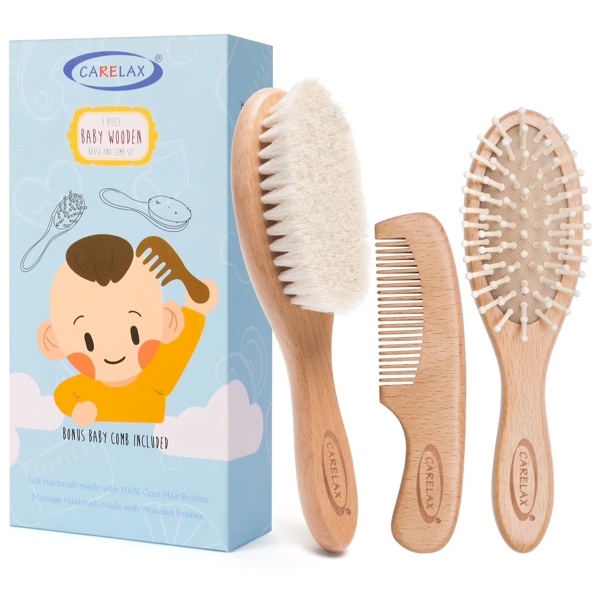 Baby Haarbürste & Kamm Set, Bio Holz Haarbürste Natürliche Ziegenborsten 3-teilig für Neugeborene & Kleinkinder, Ideal für Wiegenmütze & Juckreiz, Perfektes Dusch- und Registrierungsgeschenk für