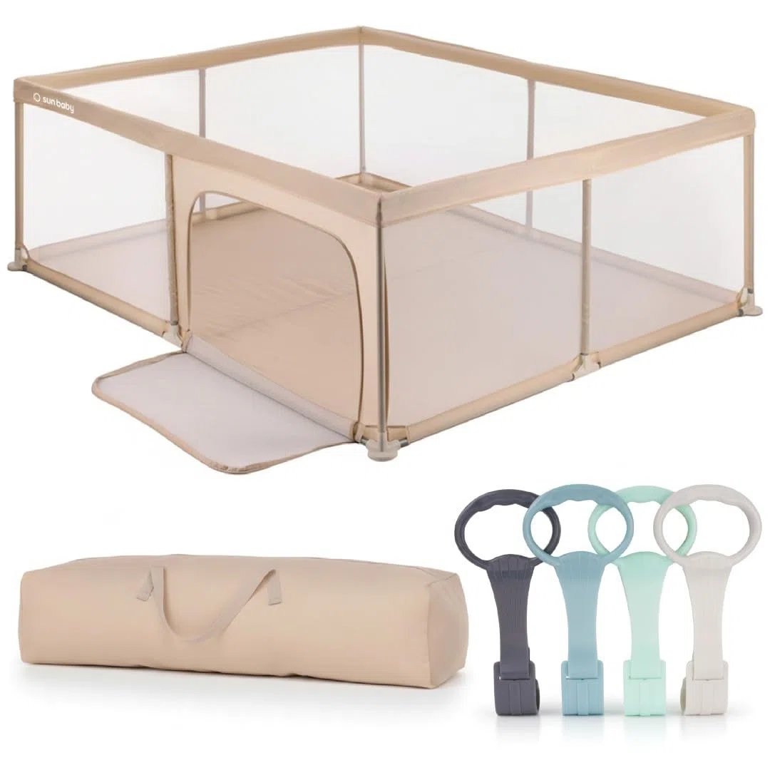 sun baby Laufstall mit grün Griffen 150x200 cm 0-2 Jahre Beige, Polyester, Netzwände, Eingang mit Reißverschluss, rutschfeste Füße, Tragetasche im Set, Metallrahmen