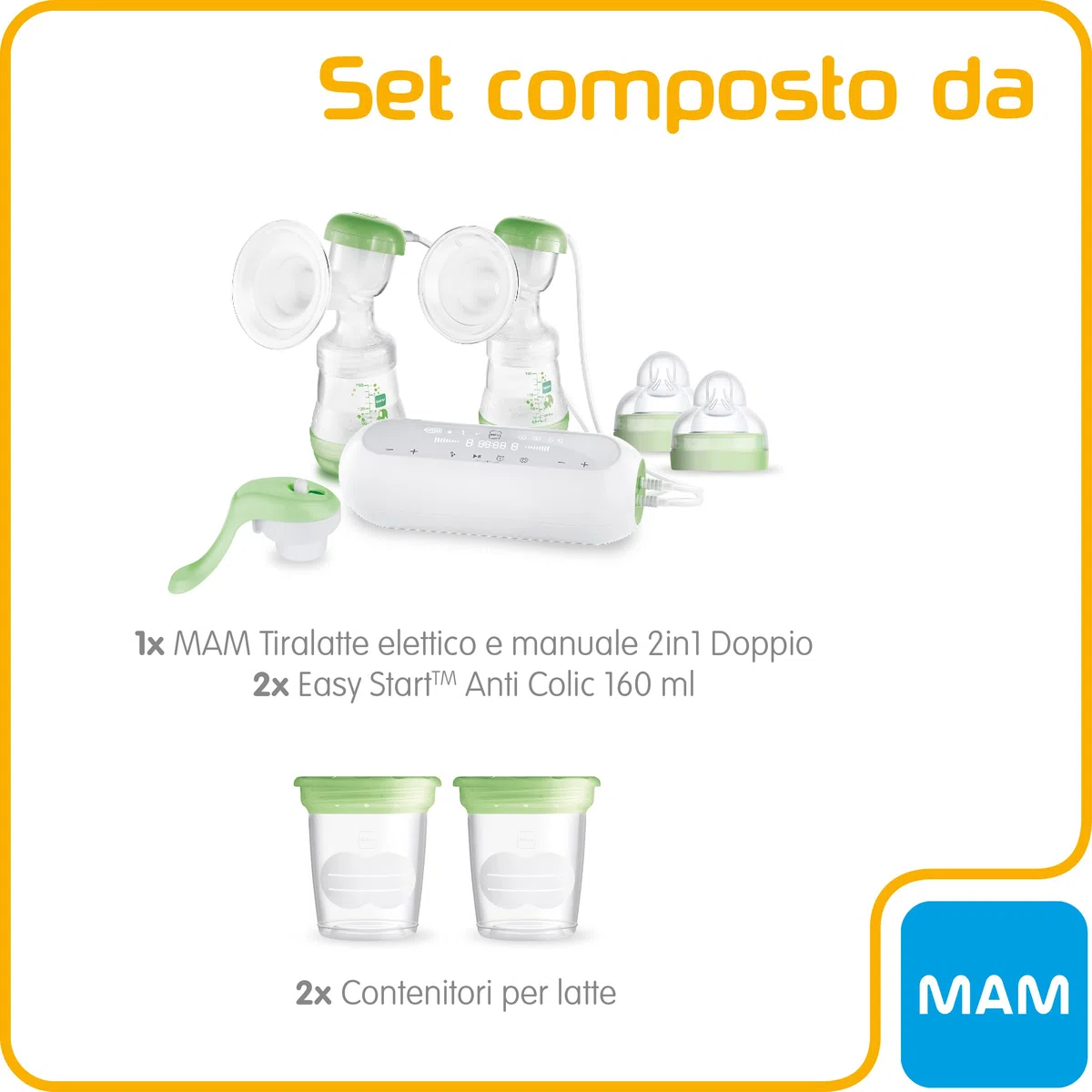 Mam 2-in-1 Doppel-Milchpumpe, elektrisch und manuell, enthält 1 x weiche Silikonbecher, 2 x Easy Start Anti-Colic Flasche 160 ml mit Saugern Größe 1 (0+), 2 x Unisex-Milch- und Lebensmittelbehälter.