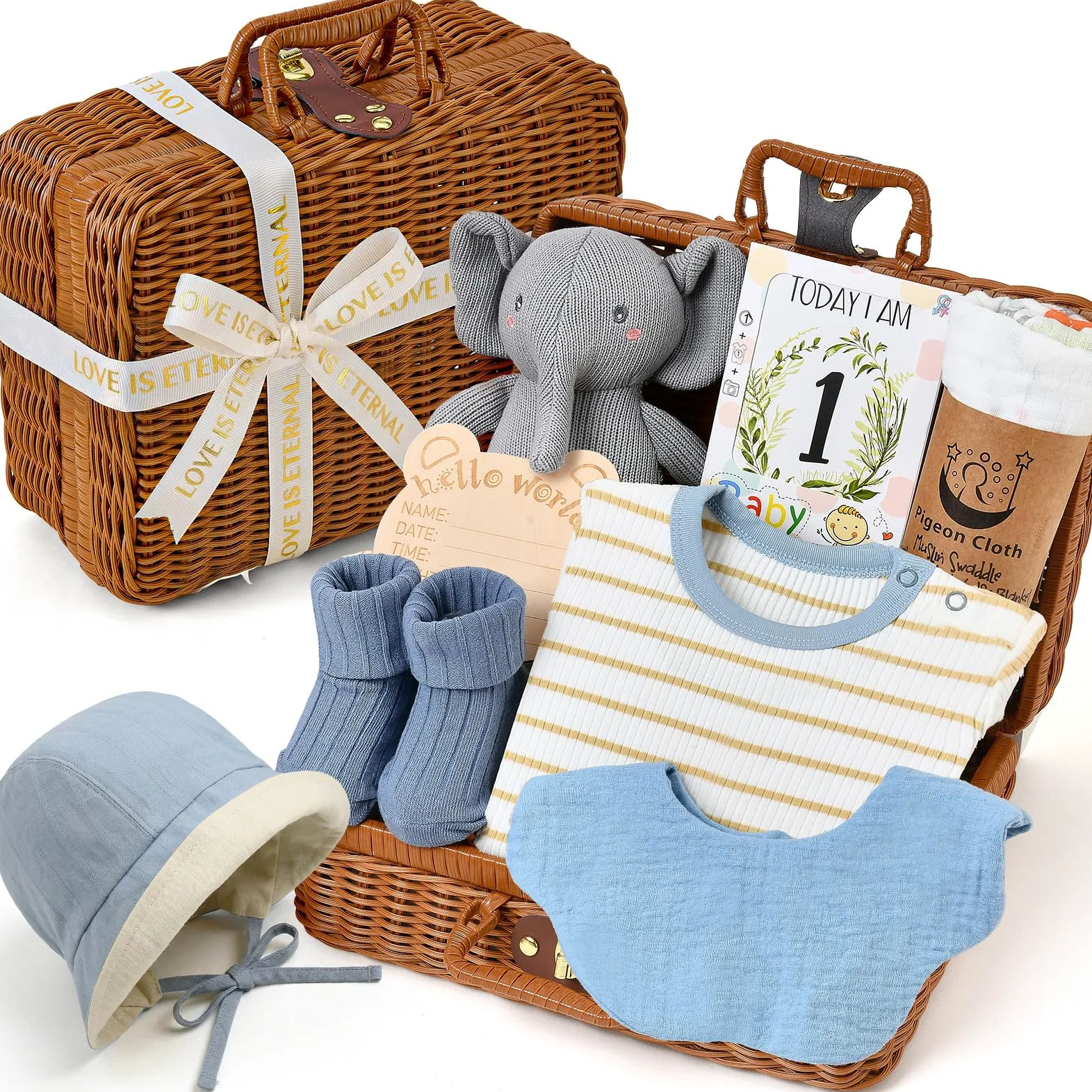 Baby Geschenkset Neugeborenen Geschenke zur Geburt Jungen mit Bambuskorb, Baby Strampler, Elefanten Kuscheltier, Mulltuch, Lätzchen, Mütze, Socken, Baby Essentials Baby Shower Geschenk (Bambuskorb)