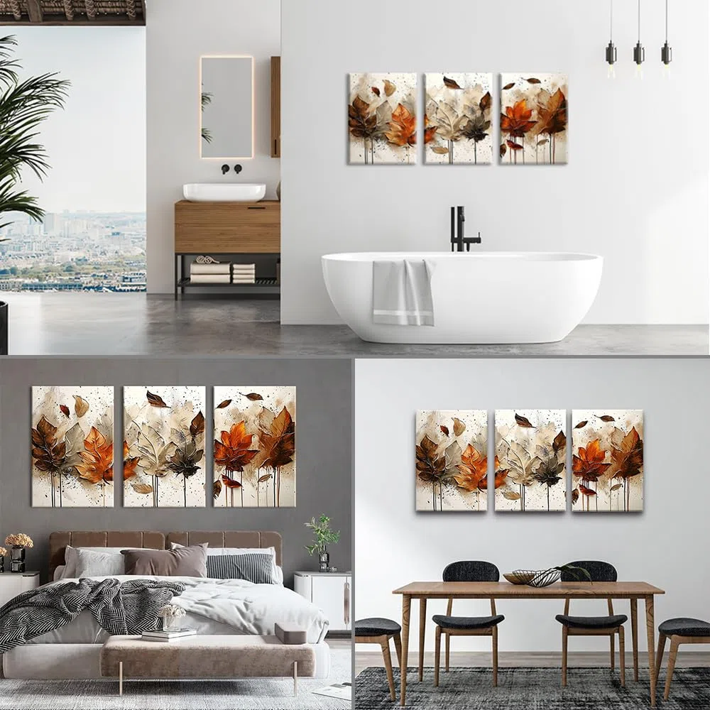 Piy Painting 3er Wandbilder Set, Leinwandbilder Mit Blättern, Vintage Kunstdrucke, Leinwand Bilder Natur, Bild Mit Rahmen, Dekorative Gemälde Für Wanddeko Schlafzimmer Wohnzimmer Flur Büro 58 x 40 cm