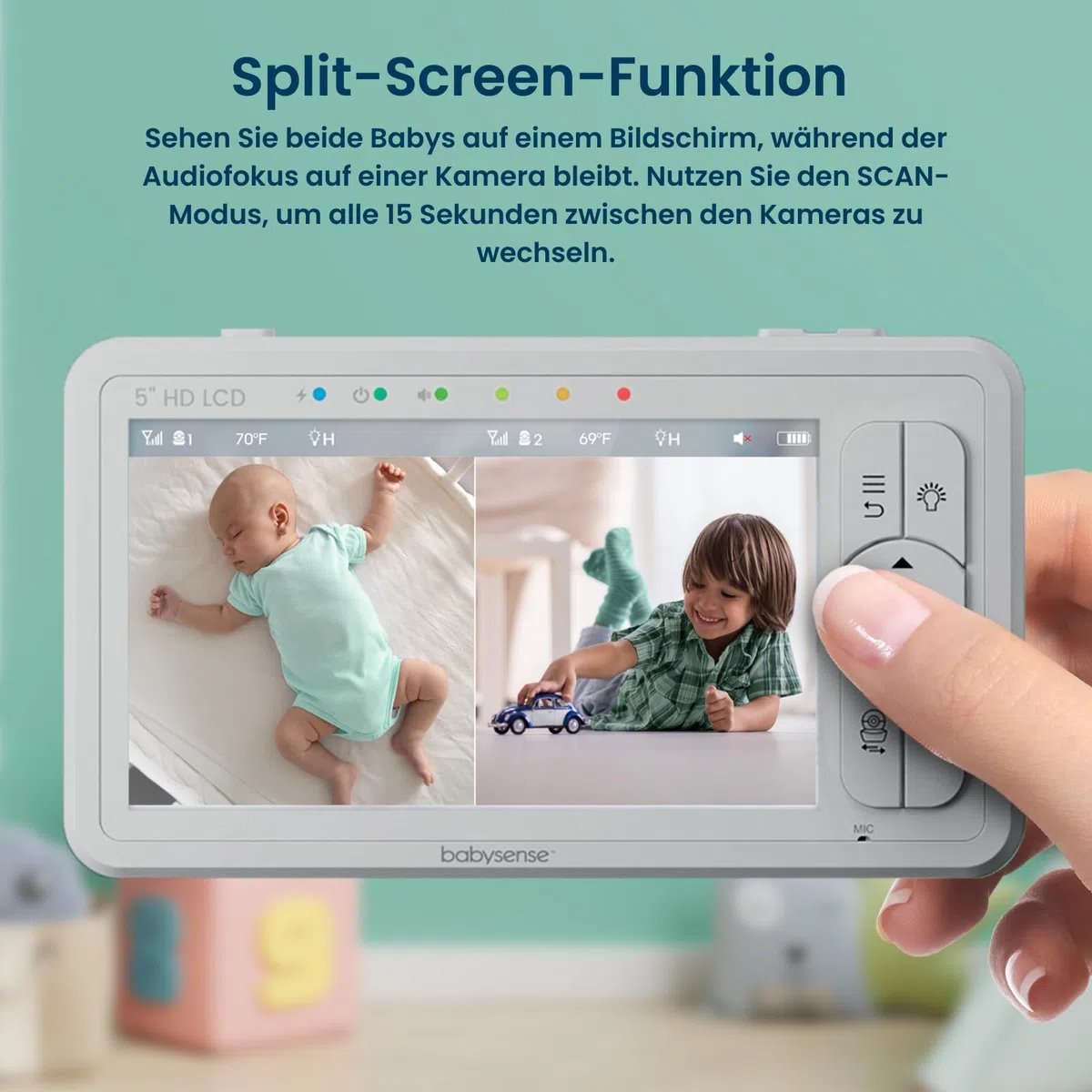 Babysense Video Babyphone HD 5 Zoll 2 Kameras ohne WLAN 300m Reichweite Zwei-Wege-Audio 4-facher Zoom 4000mAh Akku