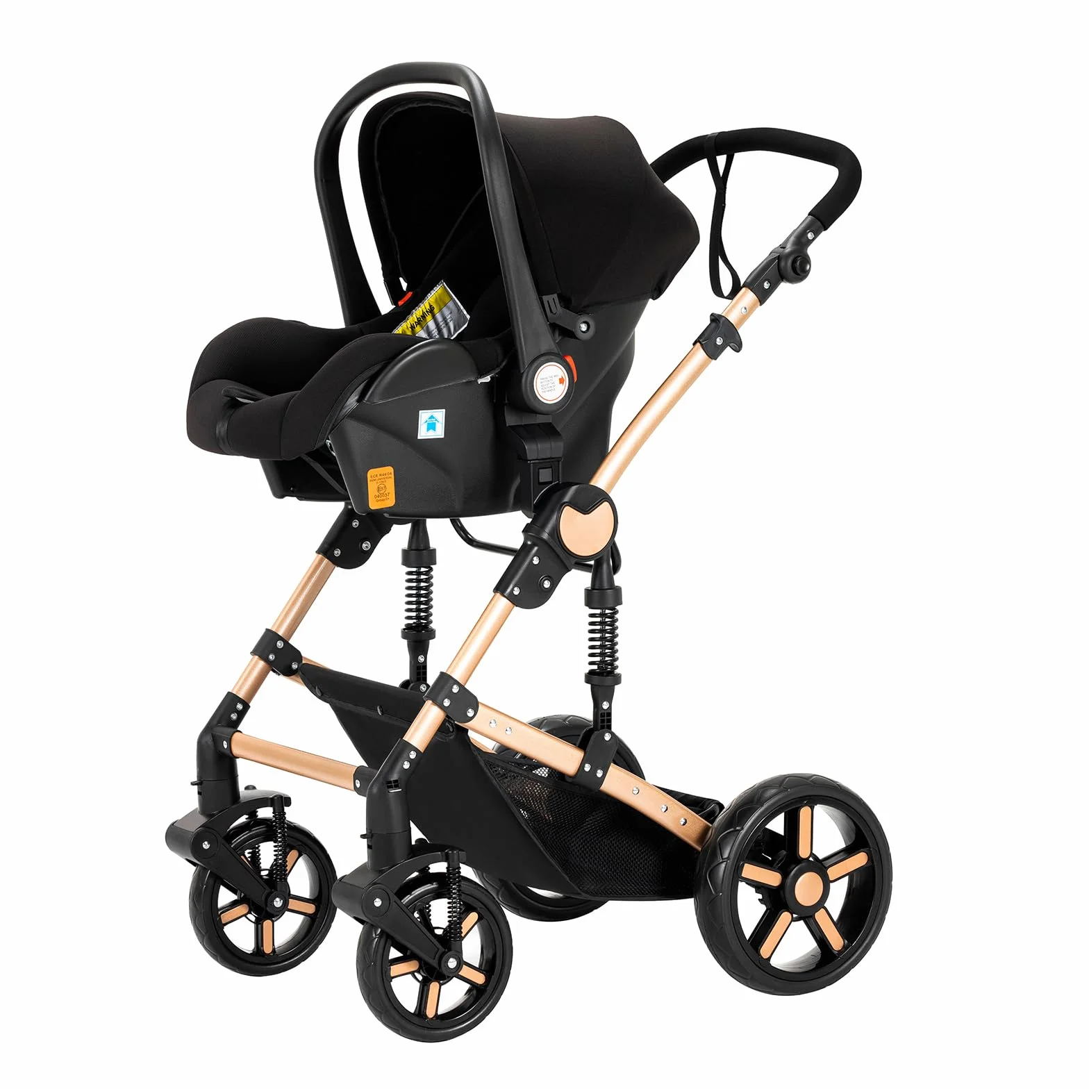 MoLi Kinderwagen 3 in 1, Kinderwagen mit Umkehrbarem Doppelschiebemodus, Buggy mit Großer Bequemer Babywanne, Kombikinderwagen 3 in 1 Rahmen Aluminiumlegierung Faltbar Hohe Landschaft (588 Black Gold)