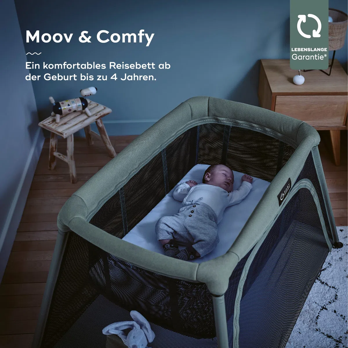 Babymoov Moov & Comfy 3-in-1 Reisebett für Babys und Kleinkinder - bis 20kg, mit zwei Ebenen, Beistellbett für Neugeborene
