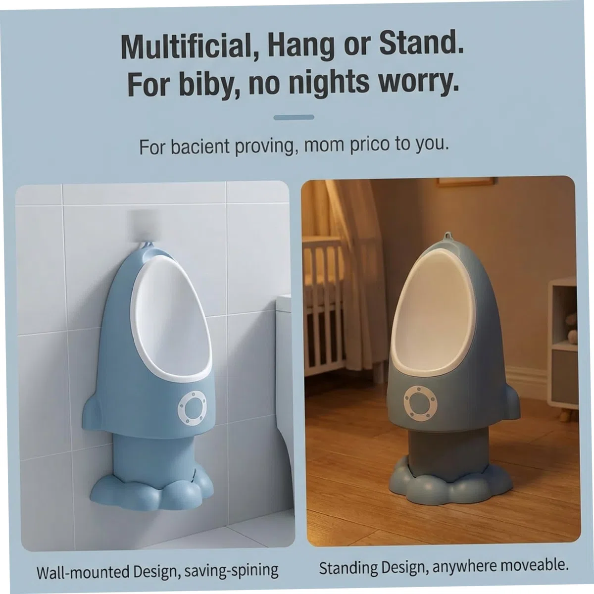 Kleinkind-Urinal, verstellbares, spritzwassergeschütztes Baby-Töpfchen mit lustiger Cartoon-Form zum Aufhängen/Stehen, leicht zu reinigendes Trainings-Töpfchen für Jungen von 1–6 Jahren, Wathet, Baby