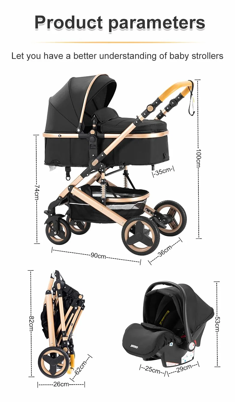 YAZOCO Kinderwagen 3 in 1 Buggy Babybett Komplett Set, Aluminiumrahmen Zusammenklappbar für Neugeborene (Schwarz)