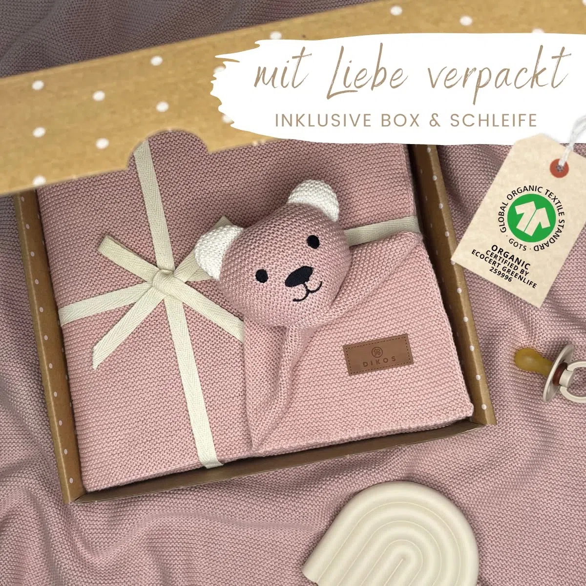 DIKOS Original Babydecke SCHMUSE-Bär (Altrosa) – Premium 2-in-1 Neugeborenen Kuscheldecke & Schmusetuch – aus weicher gestrickter Bio-Baumwolle (GOTS/Oeko-TEX) – Geschenk zur Geburt für Baby Mädchen