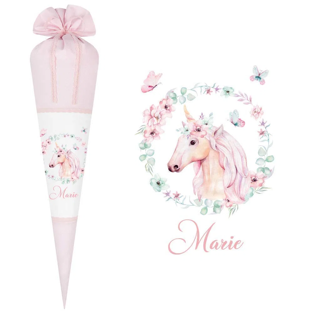 Einhorn Schultüte mit Namen aus Stoff 70cm groß