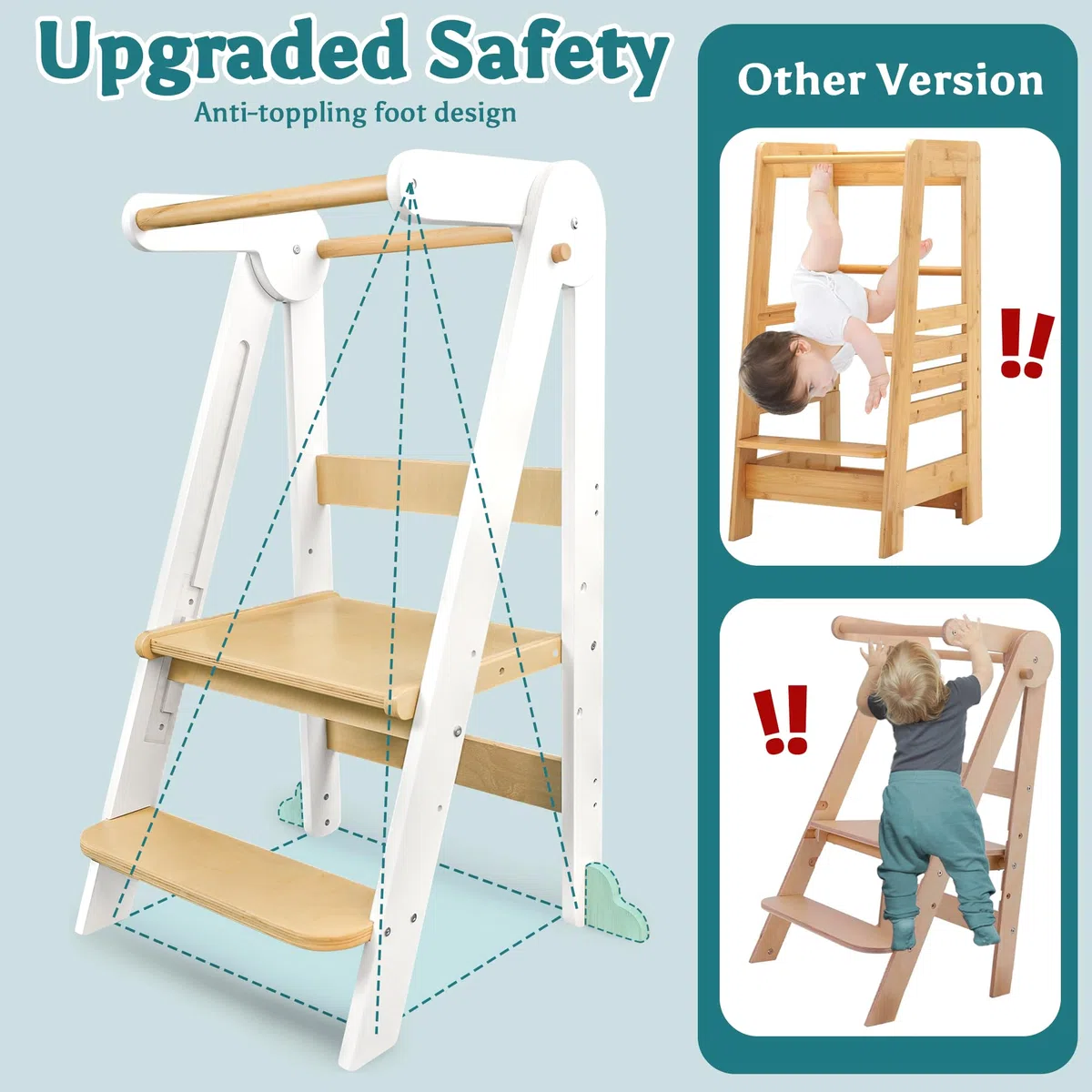 Lernturm Klappbar ab 1 Jahr, 3-stufig Höhenverstellbar Holz Kinder lernturm | Montessori Tritthocker Kinder, Mit Sicherheitsbarriere, Kippschutz, Learning Tower für Küche, Badezimmer, Waschbecken (Weiß)