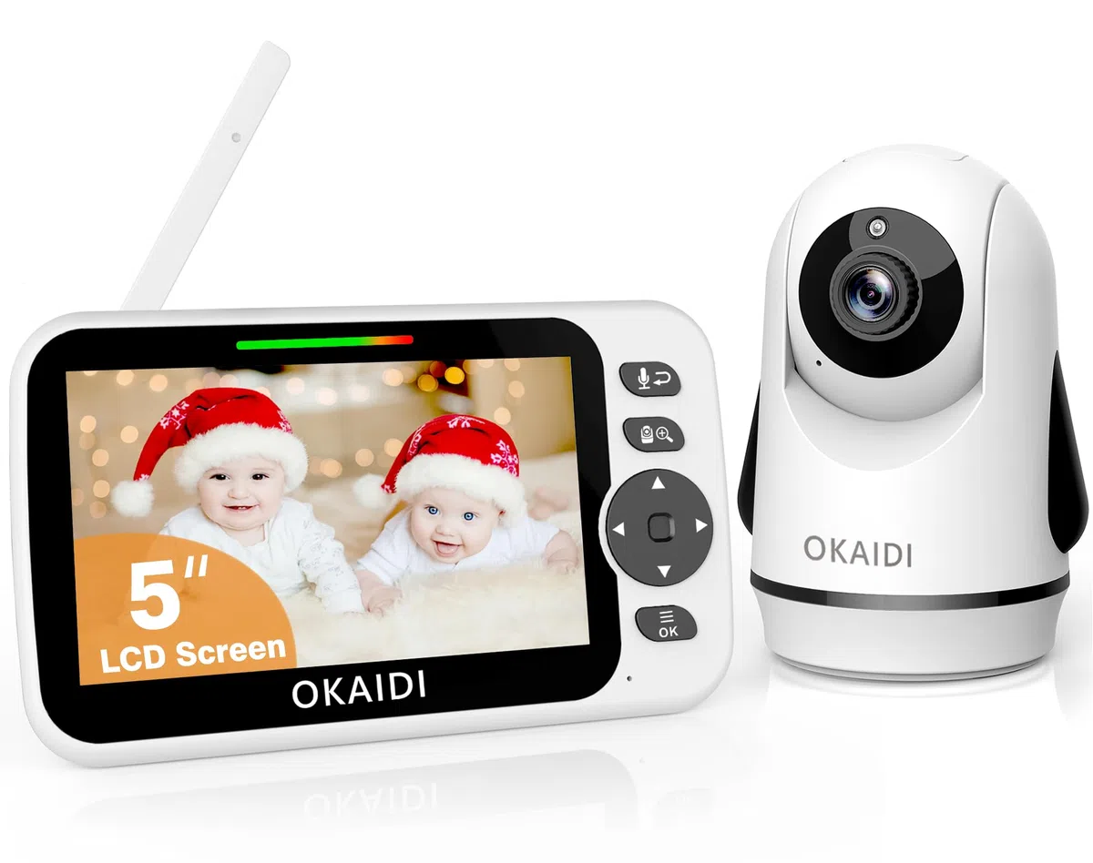 OKAIDI 12,7 cm (5 Zoll) Bildschirm Pan-Tilt-Zoom Video Babyphone mit Kamera und Audio | Babyphone Kein WLAN, 30H Akku, 1000 Fuß Reichweite Babykamera, Nachtsicht, 2-Wege-Talk, ECO-Modus, Temperatur, 8 Schlaflieder