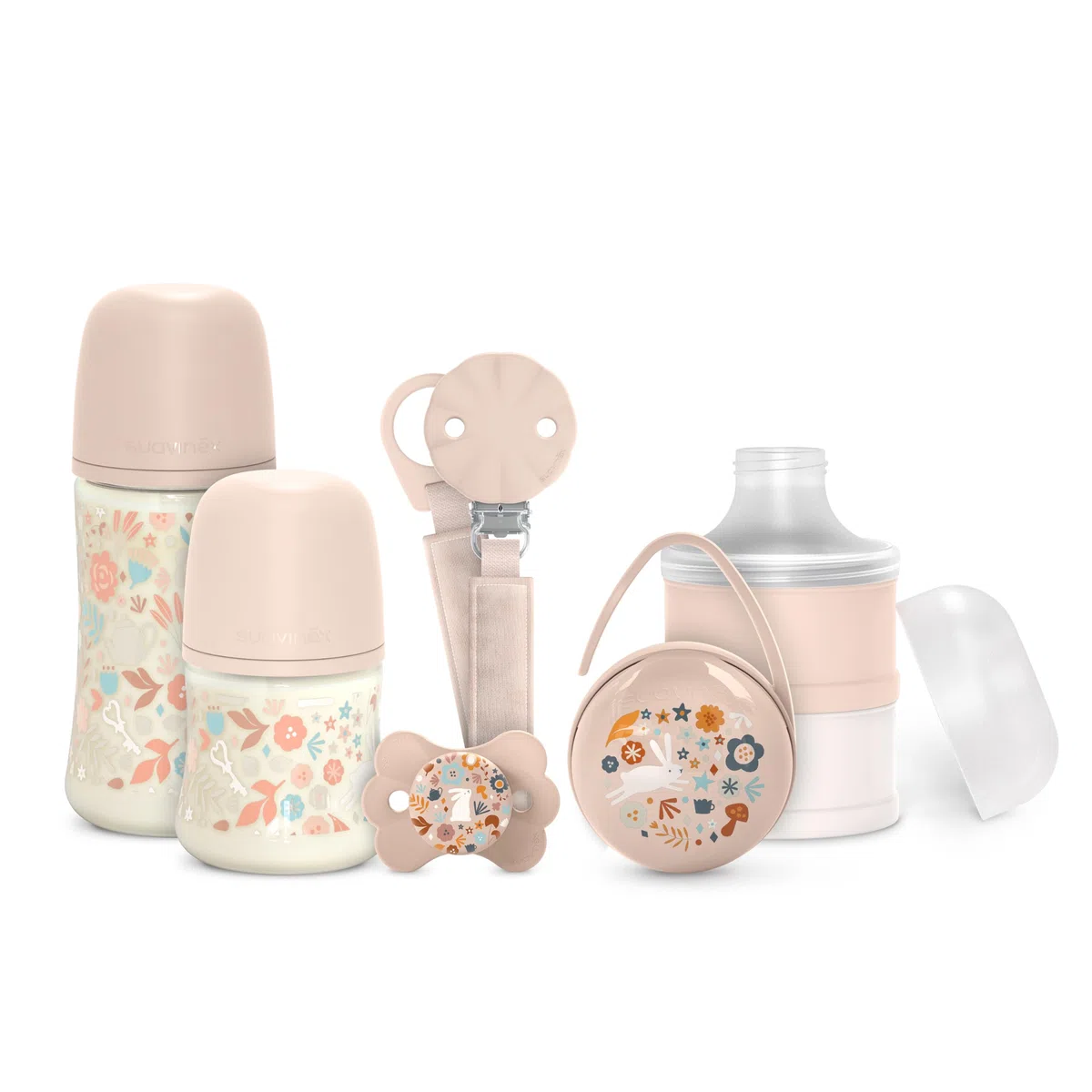 Suavinex, Neugeborenen-Geschenkset, Anti-Kolik-Flaschen-Set mit 150 ml und 270 ml + Schnuller 0/6 Monate mit SX Pro Sauger + Milchdosierer + Schnullerbox + Schnullerband, Wonderland Rosa