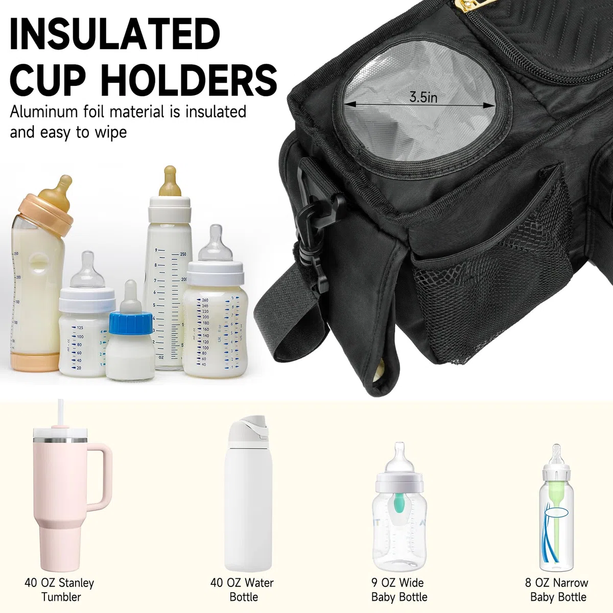 Universeller Kinderwagen-Organizer mit isoliertem Getränkehalter, Kinderwagen-Caddy Tasche mit Feuchttücher-Tasche, Kinderwagen-Zubehör, passend für Uppababy, Doona, Jogger, Britax, Mompush