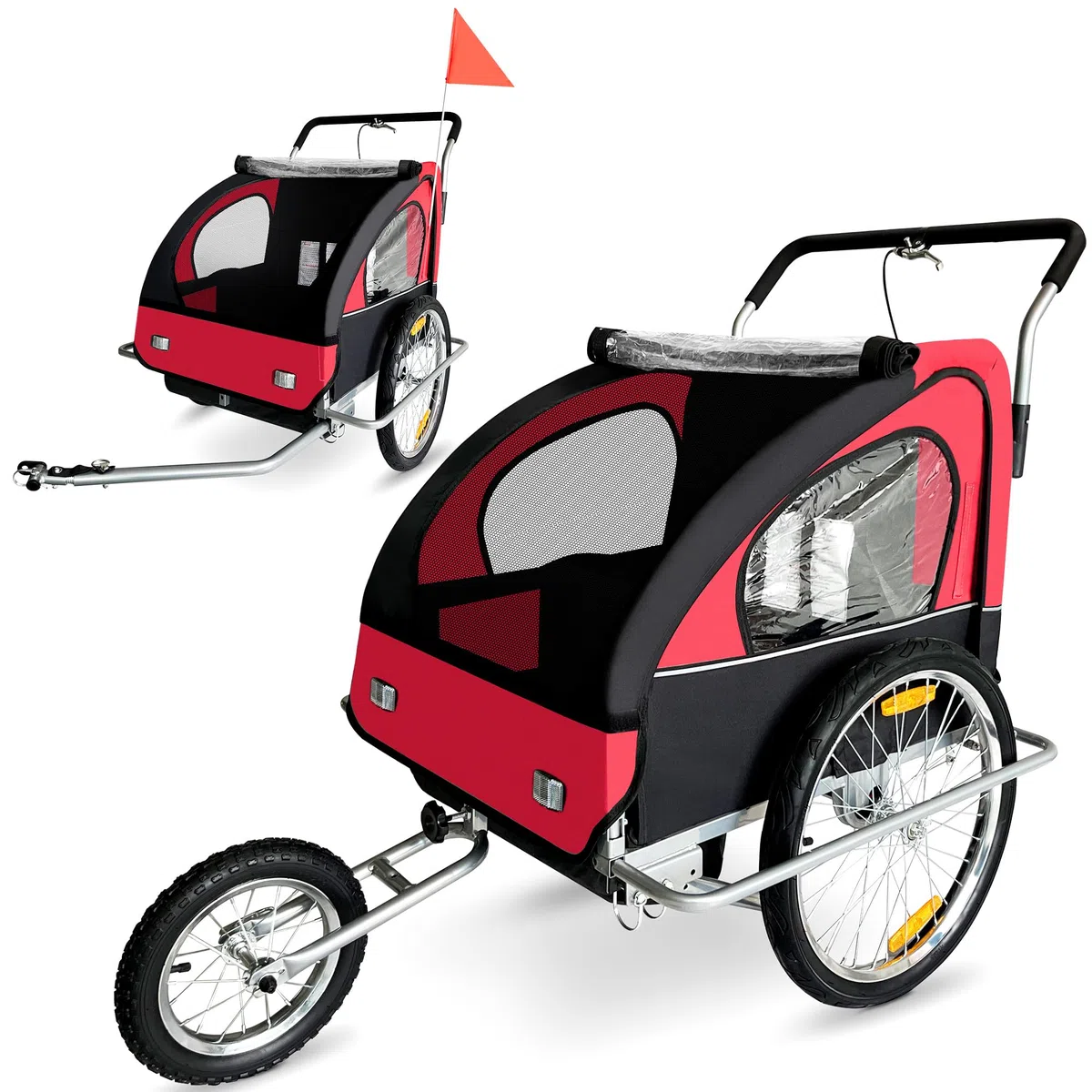 SAMAX Jogger 2in1 Kinderfahrradanhänger mit vollgefederter Hinterachse für 2 Kinder rot/schwarz - Silver Frame