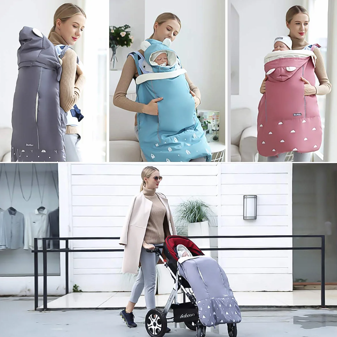 SONARIN Universal All Seasons Regenschutz für Babytrage, Wintermantel warm, Fußsack, Winddicht, Wasserdicht, Abnehmbarer Hut(Rosa)