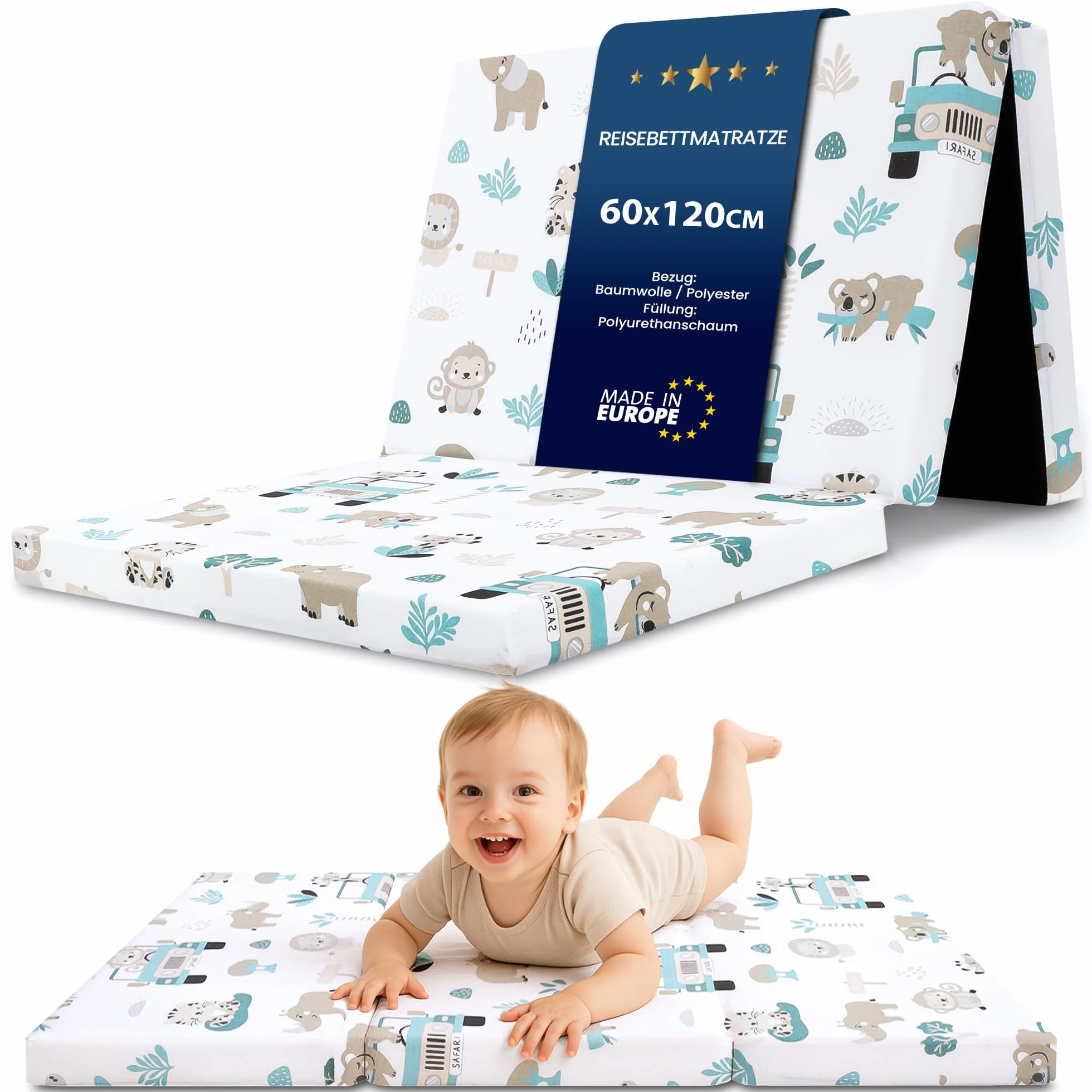 Klappmatratze Faltbare Reisebett Baby Matratze 60x120 cm - Faltmatratze für Kinder Gästematratze klappbar Babymatratze Bodenmatratze Schlafmatratze und Reisematratze 60 x 120 cm Afrika