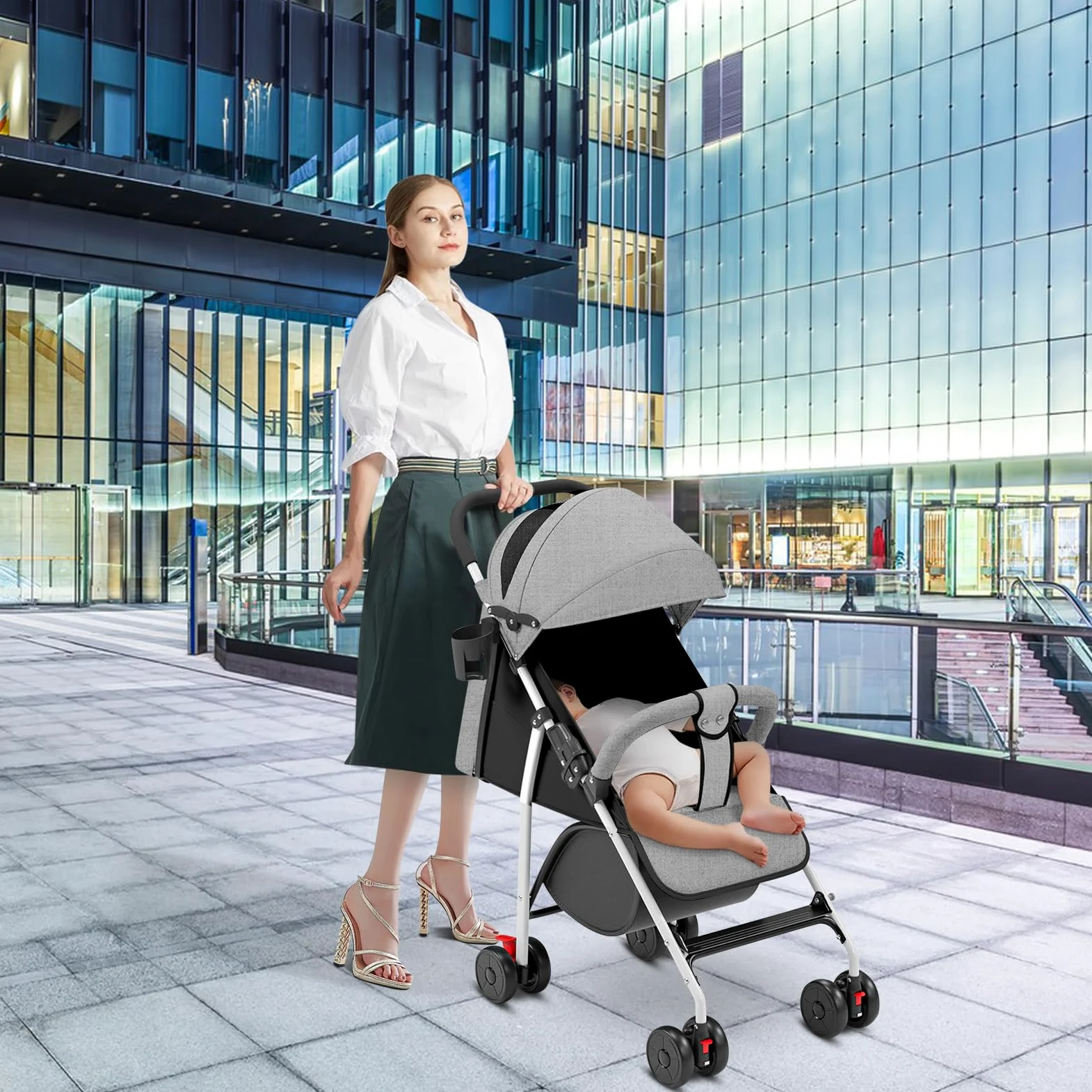 OHMG Buggy Kinderwagen ab 6 Monate bis 4 Jahre,stroller,Baby Sportwagen,Leichtes Kinderwagen-Buggy,PU-Räder,5-Punkt-Gurt,Faltbar,Moskitonetz,Getränkehalter,bis 22 kg (C-Grau)
