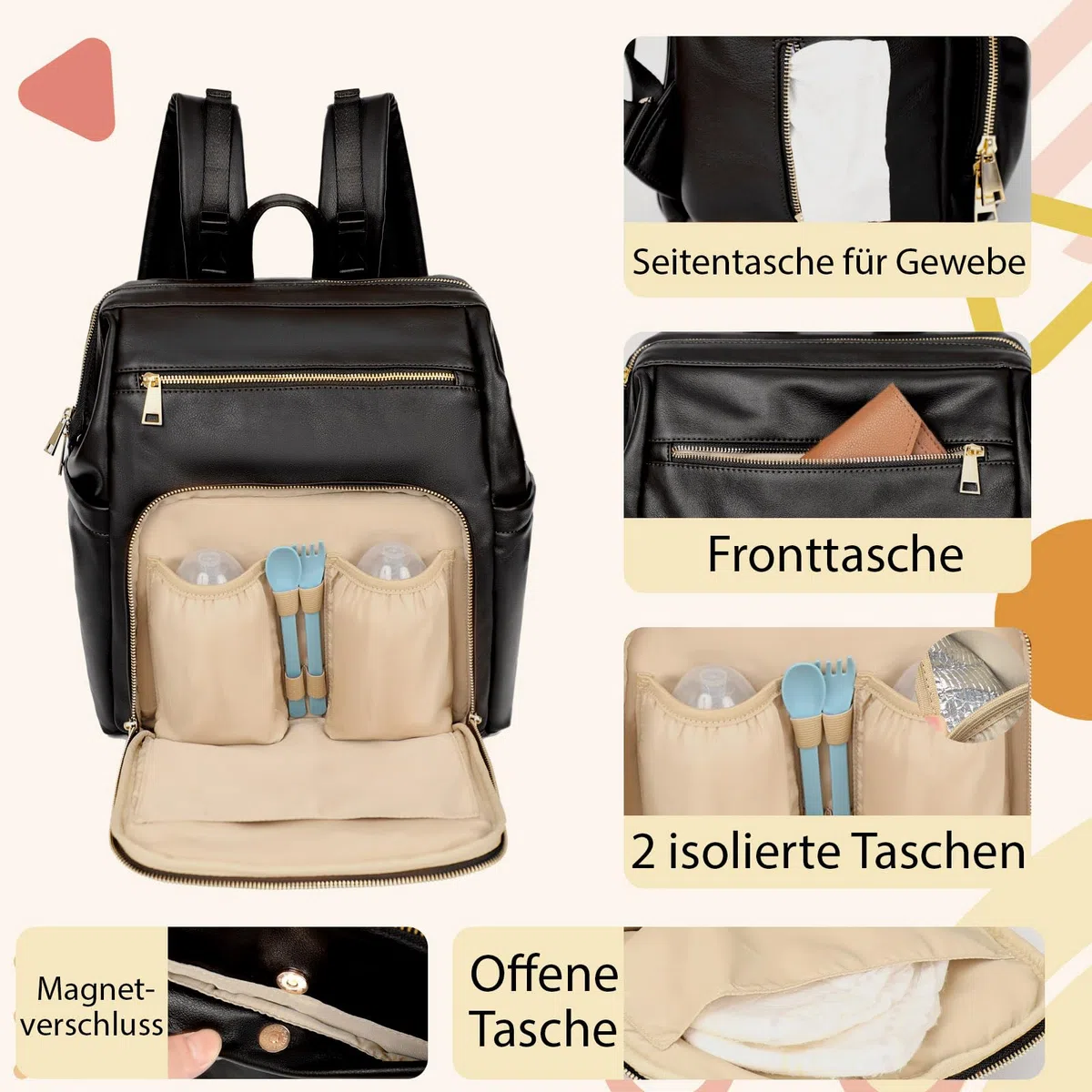 MISS FONG Wickelrucksack Wickeltasche Große, Baby Rucksack Wickelrucksack Leder Lässig Babytasche Kapazität Mit 18 Wickeltasche Organizer, Wickelunterlage für Mama & Papa-Schwarz
