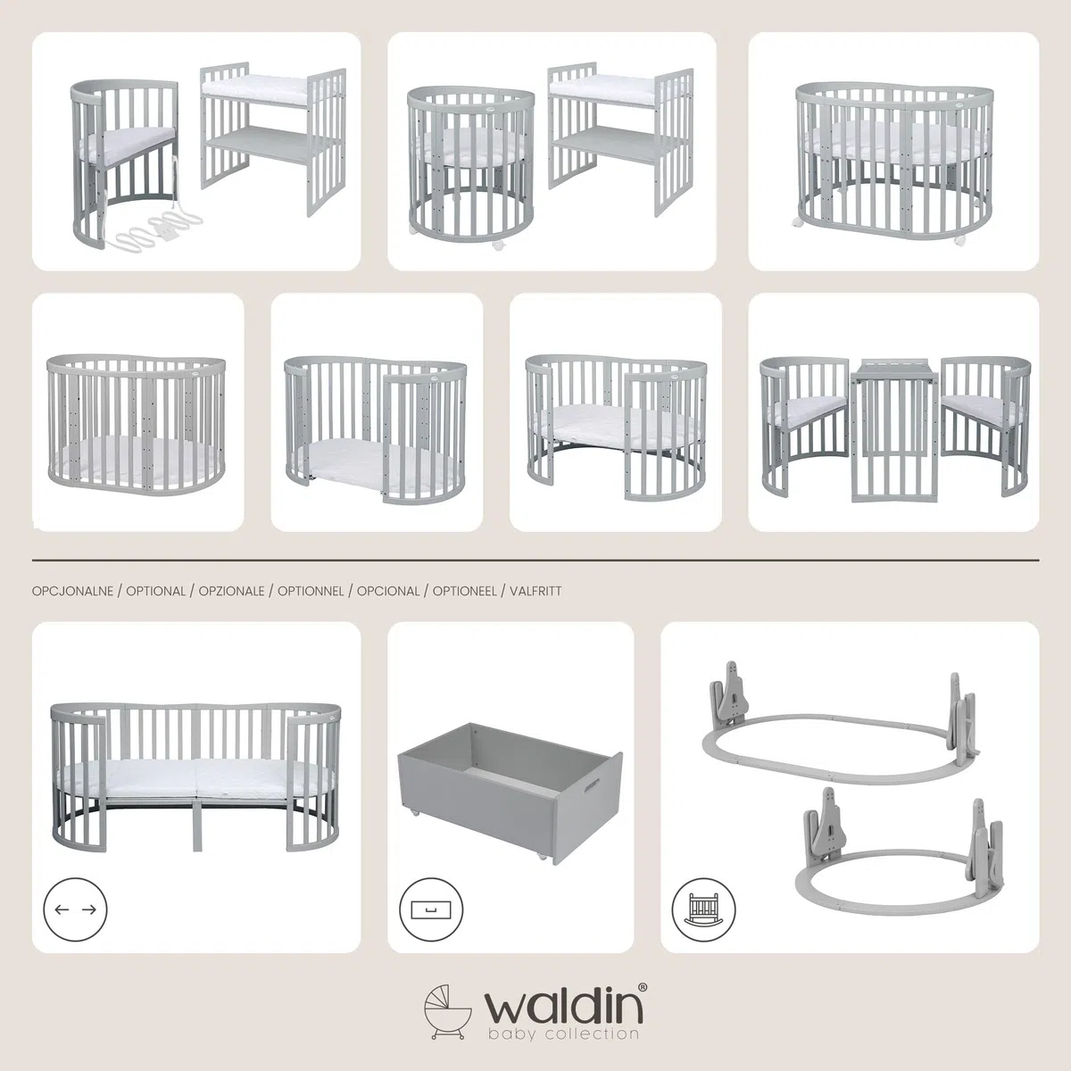waldin Babybett Oval 7in1, Matratze, Rollen, Regal, Grau | Ohne Stoffset, Mitwachsend, Beistellbett aus Holz, Wiege optional