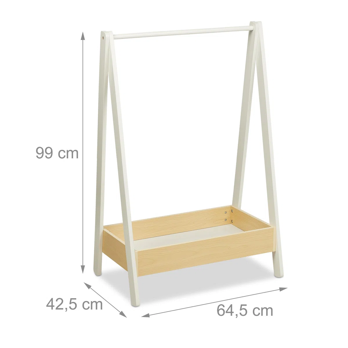 Relaxdays Kleiderständer Kinder, Standgarderobe, HxBxT 99x64,5x42,5 cm, Kleiderstange & Ablage, Kinderzimmer, weiß/natur