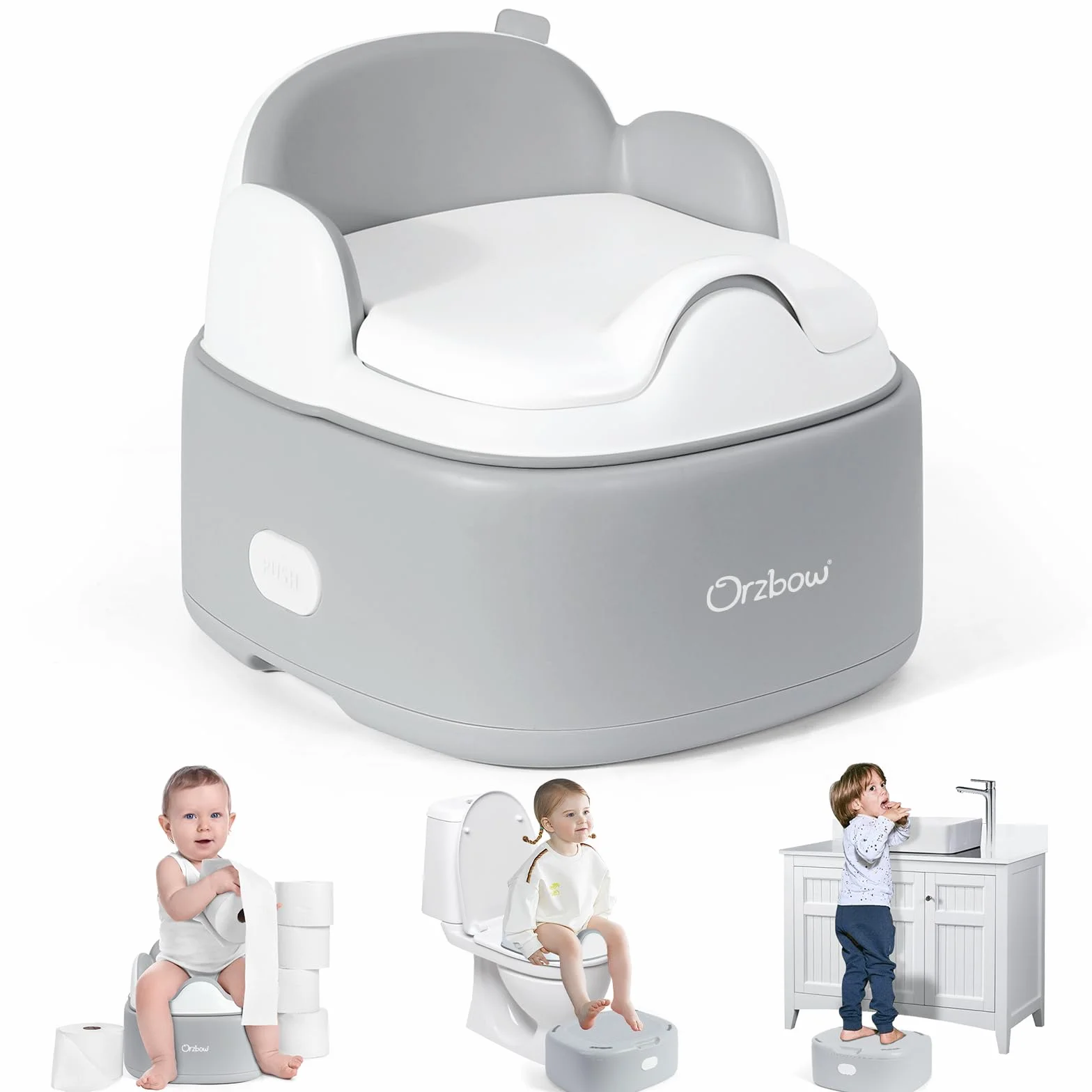 Orzbow Töpfchen für Kinder, 3-in-1 Toilettensitz Kinder mit Tritthocker, Verstaubar Kindertoilette mit Spritzschutz, Einfaches Design, Leicht zu Reinigen, Glatt und Gratfrei, Grau