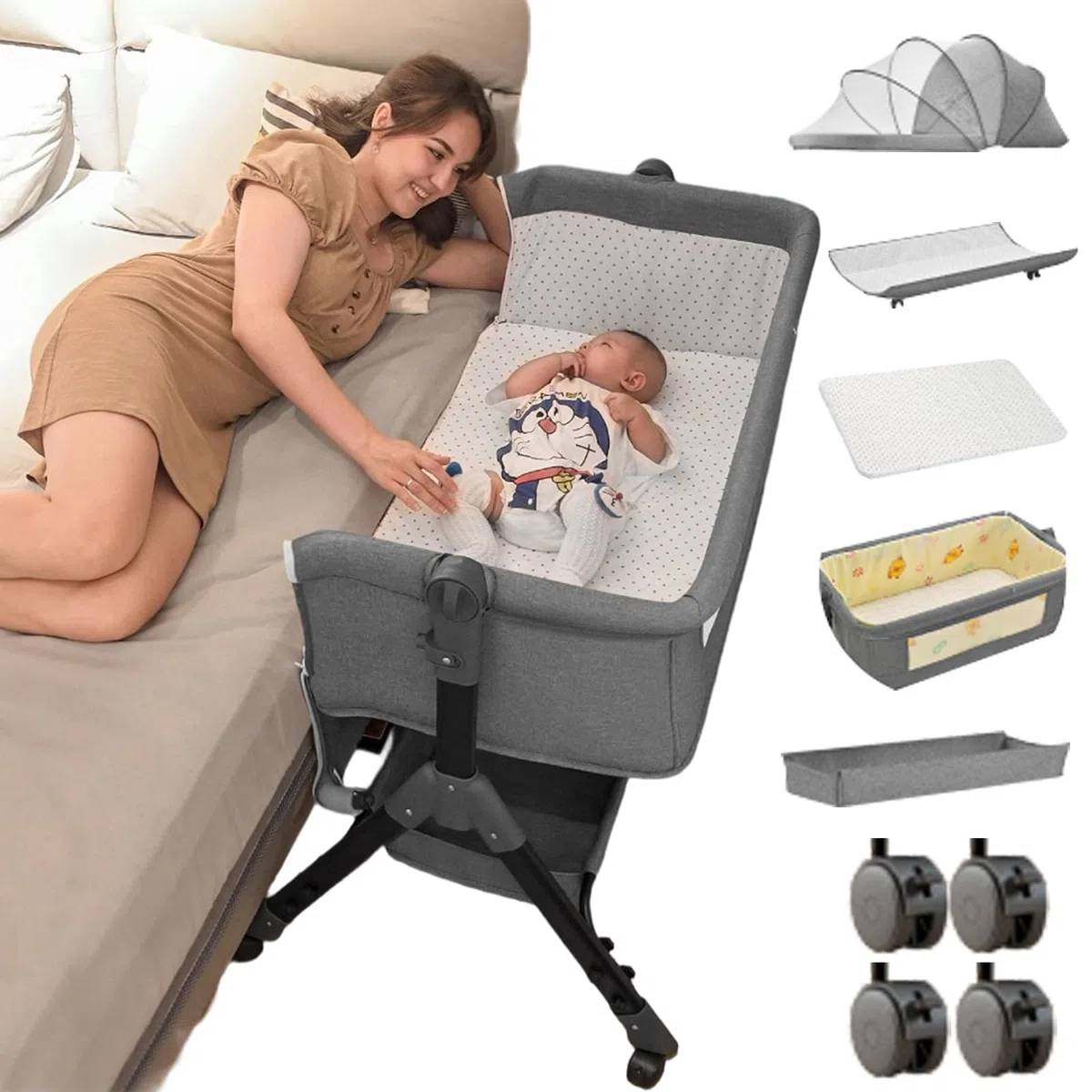 Next to me Beistellbett höhenverstellbar, tragbarer Stubenwagen, stabiles Babybett 3-in-1, mit waschbarer Matratze, Wickeltisch, Aufbewahrungstasche, 4 feststellbare Räder, Moskitonetz, für 0