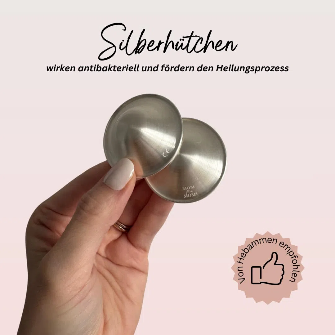 Mom for Moms Silberhütchen 999er Silber/natürliche Wundheilung der Brustwarzen/für ein angenehmes Stillen und Wochenbett/mehr Platz und Schutz der Brustwarzen/Stillzubehör 2 Stk (L/XL)
