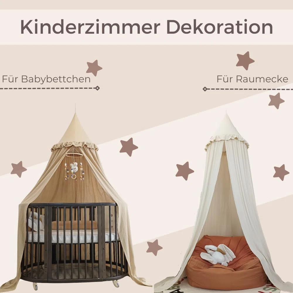 Wonder Space Kinderbetthimmel mit Rüschen, Pastell Neutrale Farbe für Jungen & Mädchen, Hängender Vorhang Moskitonetz für Kinderzimmer Babybett Kleinkinderbett Leseecke Dekoration (Cremefarben)