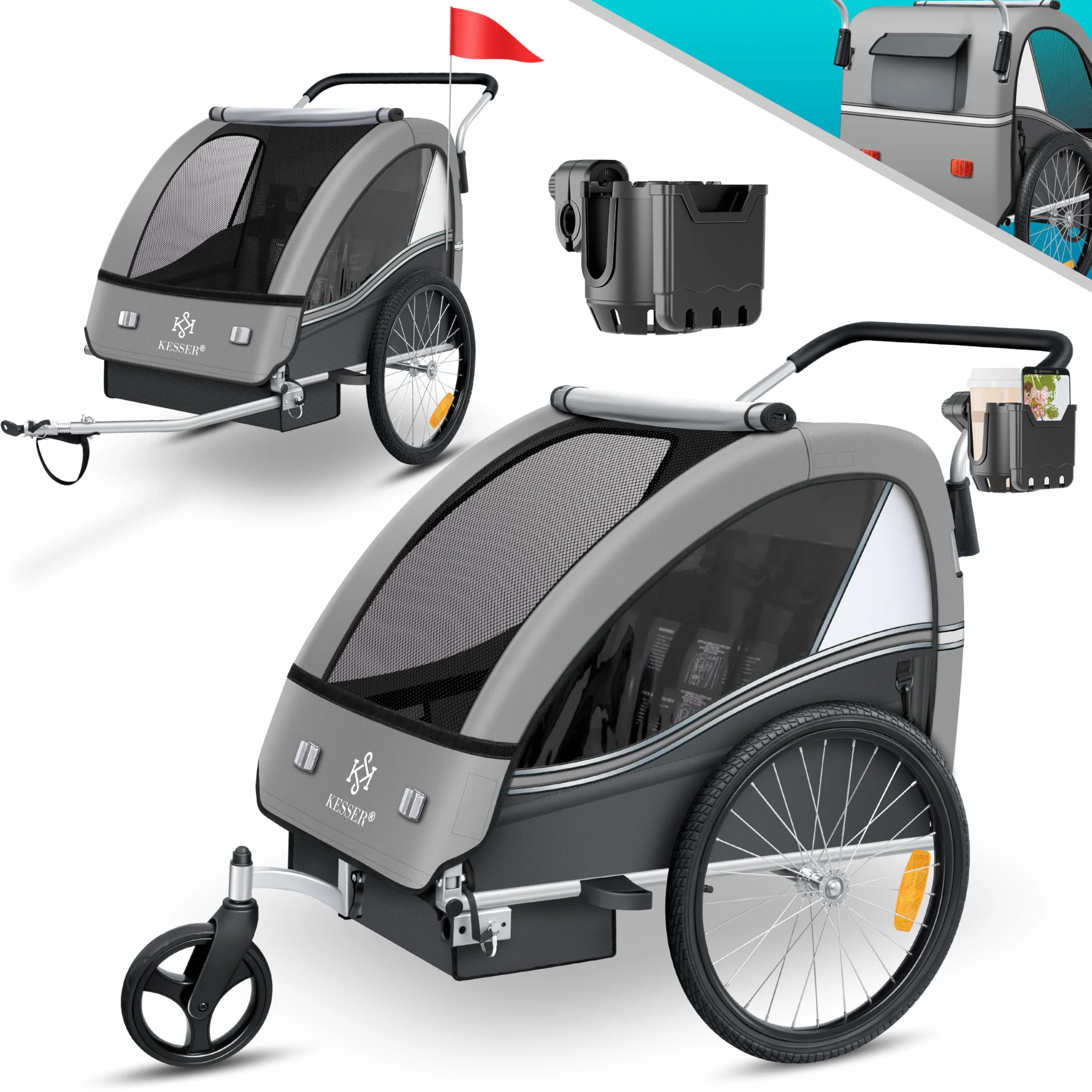 KESSER® Kinderfahrradanhänger Sport-RX 2in1 Jogger & Buggy 5-Punkt-Gurt Sicherheitsgurt 360° Vorderrad Kinderfahrradanhänger Reflektoren für 1-2 Kinder (max. 40 kg) Getränkehalter & Smartphonefach