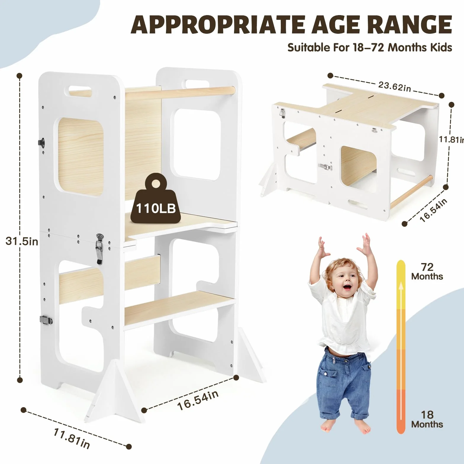 Labebe Lernturm ab 1 Jahr, Montessori Learning Tower mit Tafel, 3 in 1 Multifunktion Lernturm Klappbar, Umkippschutz Farbblockiertes Tritthocker Kinder-Weiß&Holz