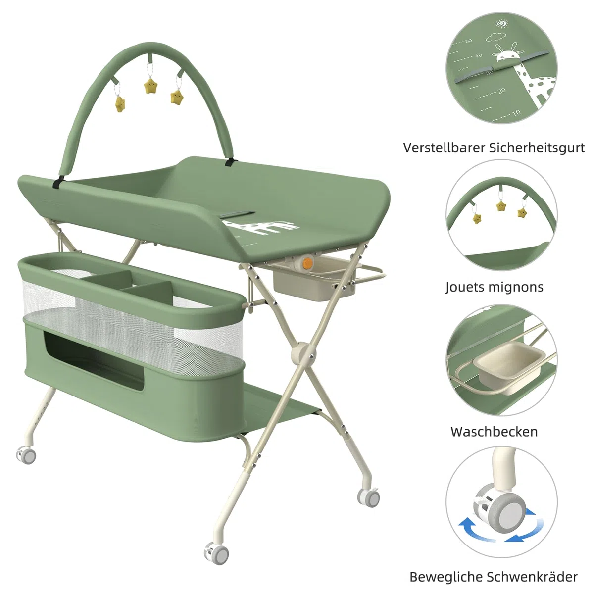 homewell 2 in 1 Baby Wickeltisch Spielzentrum, Höhenverstellbar, mobiler Wickelkombi klappbare mit Spielständer Sicherheitsgurt Aufbewahrungskorb Kleiderstange Wickelauflage (Grün)