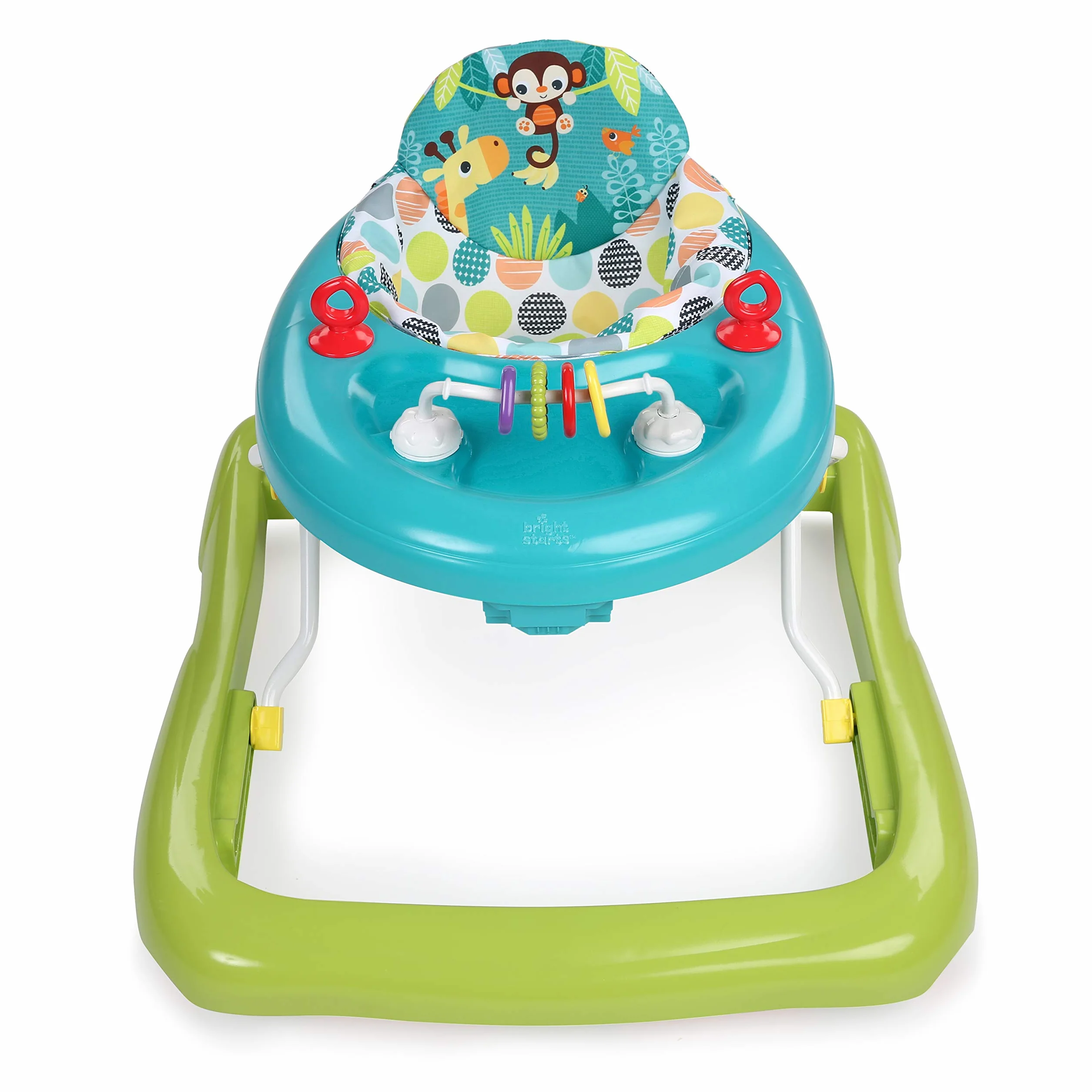 Bright Starts, Giggling Safari, Lauflernhilfe mit Spielzeuge, Perlenschiebespielzeug, 3 Höheneinstellungen, Lauflernwagen mit hoher Rückenlehne, zusammenklappbare, grün/blau, Kinder ab 6 Monaten
