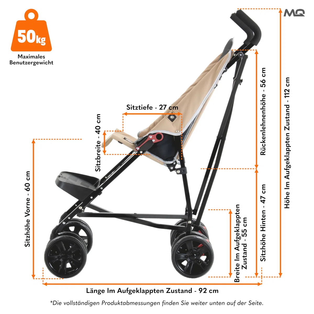 MobiQuip XL Reha-Buggy bis 50 kg Rehabilitations-Kinderwagen für Kinder mit besonderen Bedürfnissen Leichter, faltbarer Aluminiumrahmen Verstellbare Fußstütze 5-Punkt Sicherheitsgurt Sand