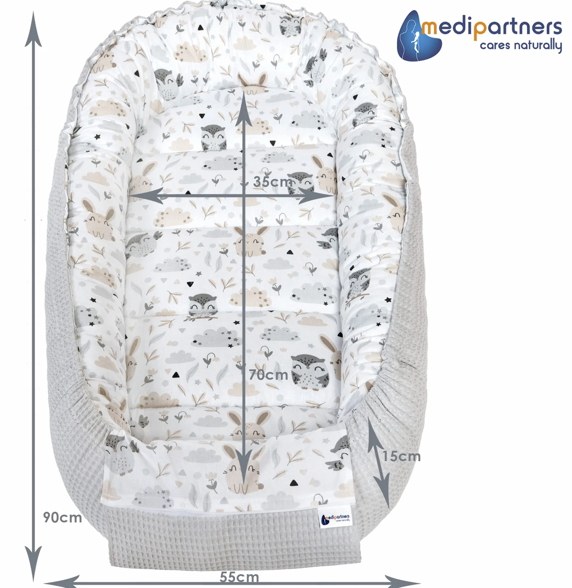 Medi Partners Babynest Nestchen für Neugeborene - 100x60x15 Babynestchen Baby zweiseitg Nest Bett 100% Baumwolle Waffel Kuschelnest tragbar (Lichtung mit Grauer Waffel)
