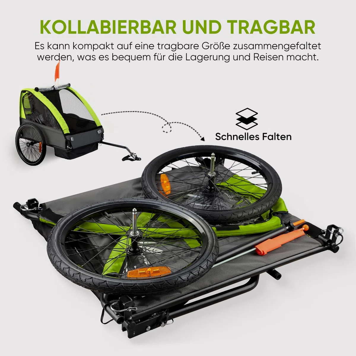 SEPNINE Kinderanhänger für Fahrrad, Fahrradanhänger für 1-2 Kinder, mit 5-Punkt-Sicherheitsgurt, Luftreifen, Handbremse, Faltbar, Max. 40 kg (Grün)