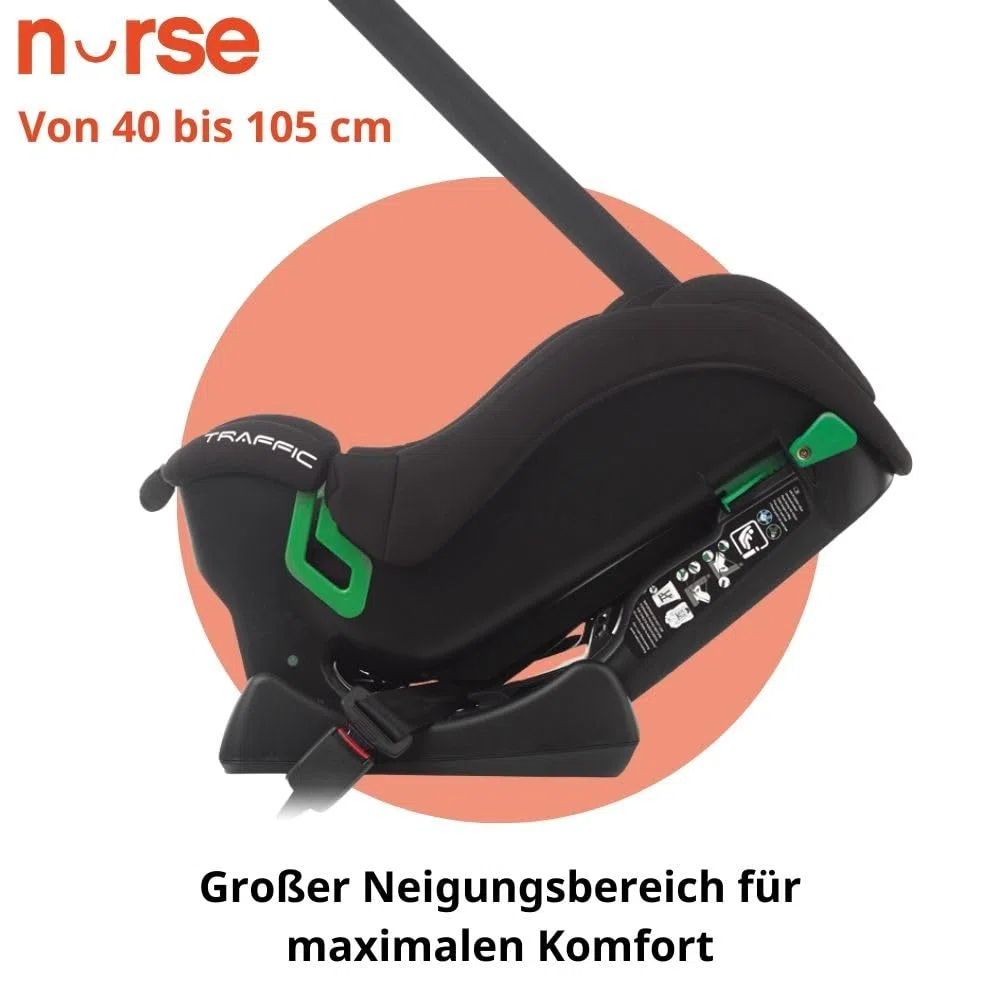Nurse Traffic Kindersitz i-Size 40-150 cm, 0-12 Jahre, Ohne Isofix, Rückwärtsgerichtet, Verstellbar, mit Neugeboreneneinsatz, Gurtinstallation, Grau