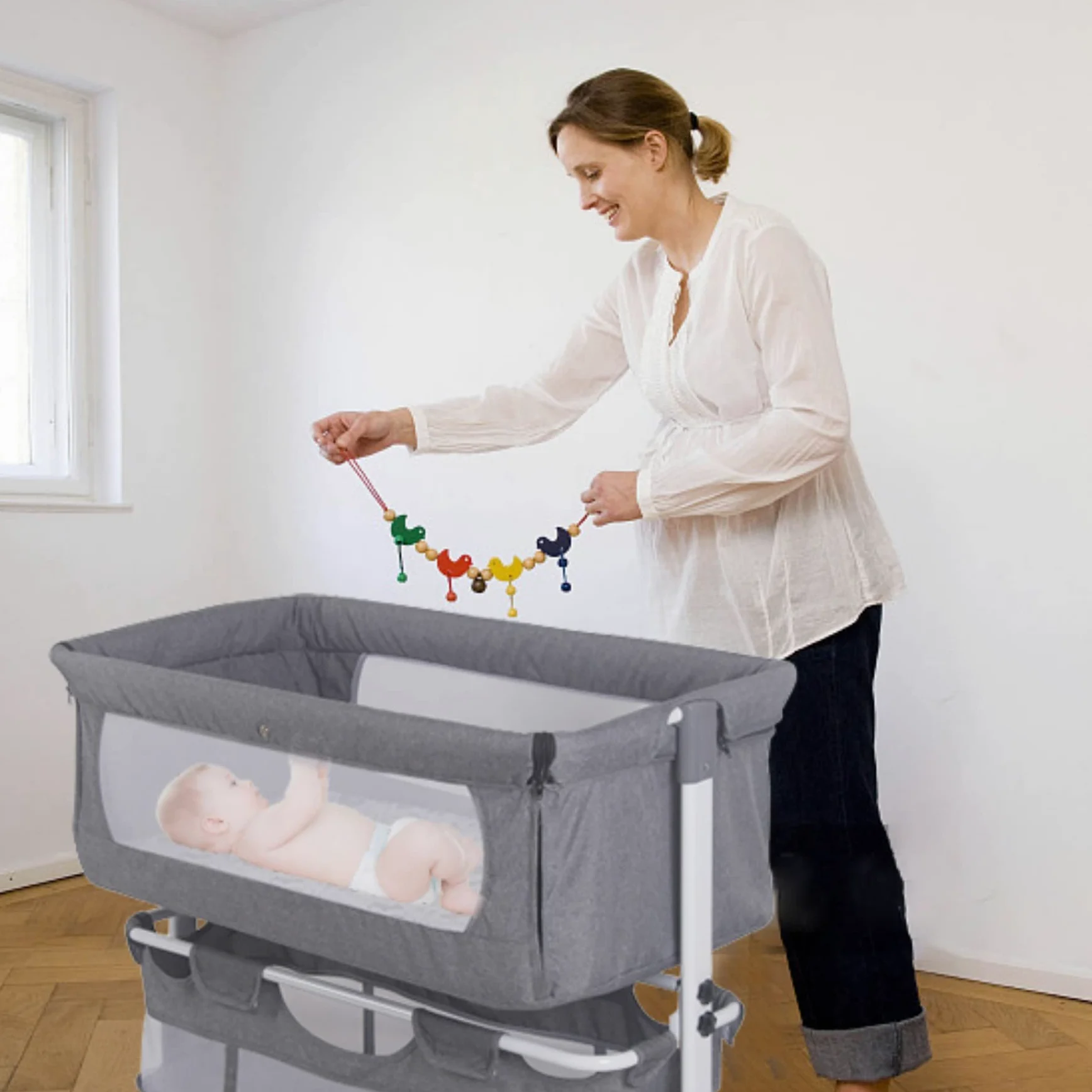LANTUS Babywiege Stubenwagen Reisebett Kinderbett klappbar Babybett Beistellbett Schaukelwiege mit Schaukelfunktion inkl. Moskitonetz, Matratze und Tasche (92 * 58 * 70-90cm (cremefarben))