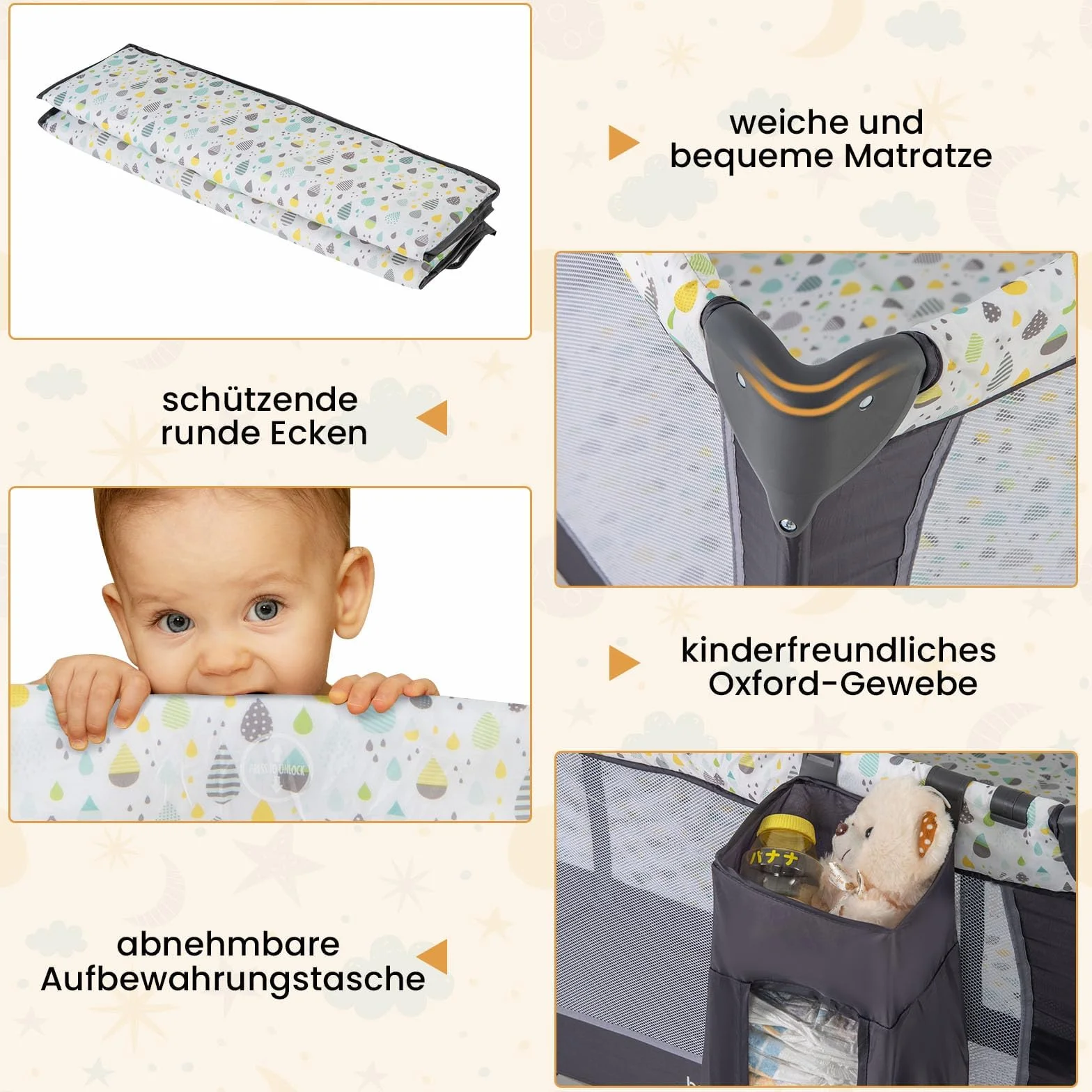 COSTWAY 3 in 1 Beistellbett klappbar, Reisebett mit Matratze, Hängespielzeug, Spieluhr, Wickeltisch & Tragetasche, 2 Ebene Babybett mit Rollen für Baby bis 36 Monaten (Beige)