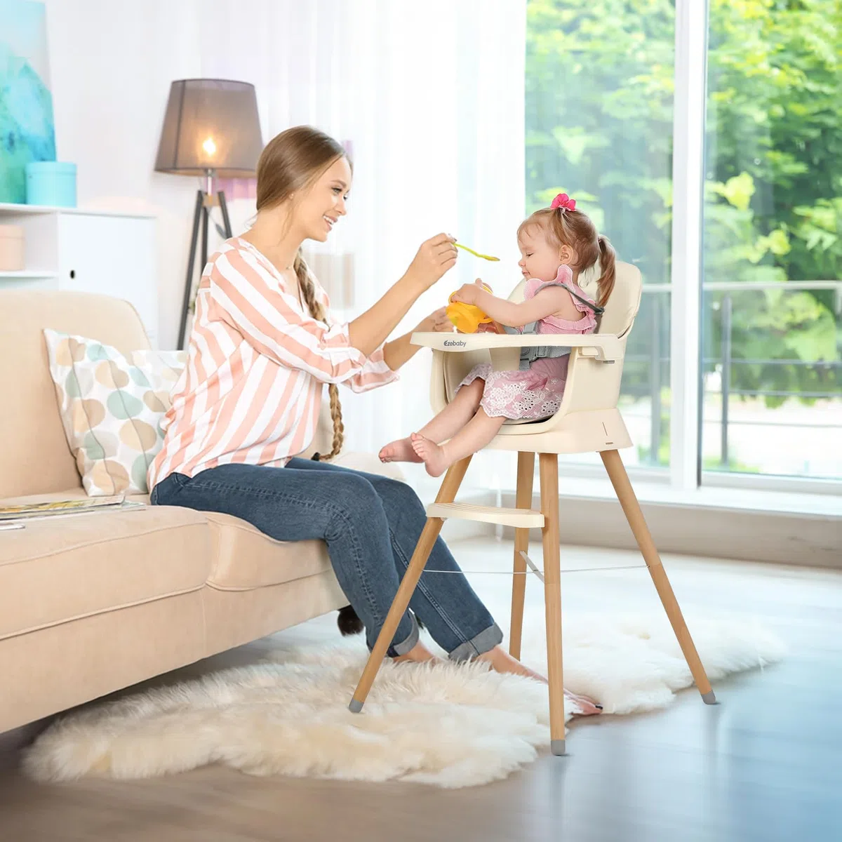 Ezebaby Hochstuhl baby 6 in 1 Sitzerhöhung Kinderstuhl Barhocker, Multfunktional Kinderhochstuhl, Beine aus Holz, mit 5-Punkt-Gurt, Fußstütze, abnehmbare Tablett für Kinder ab 6 Monate (Beige)