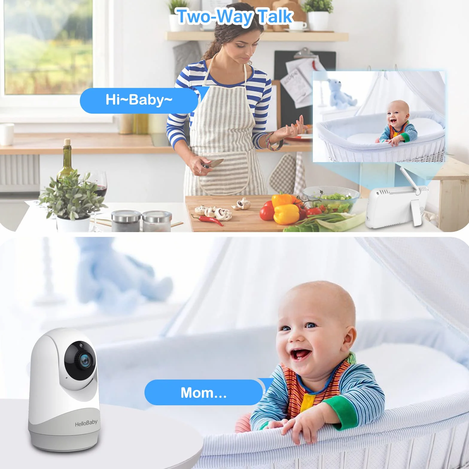HelloBaby Monitor mit Kamera und Audio, 5-Zoll-Großbildschirm mit 3500-mAh-Akku, Ferngesteuerte Pan-Tilt-Zoom-Kamera, Zwei-Wege-Gespräch, ECO-Modus, automatische Nachtsicht, Reichweite bis zu 293 m