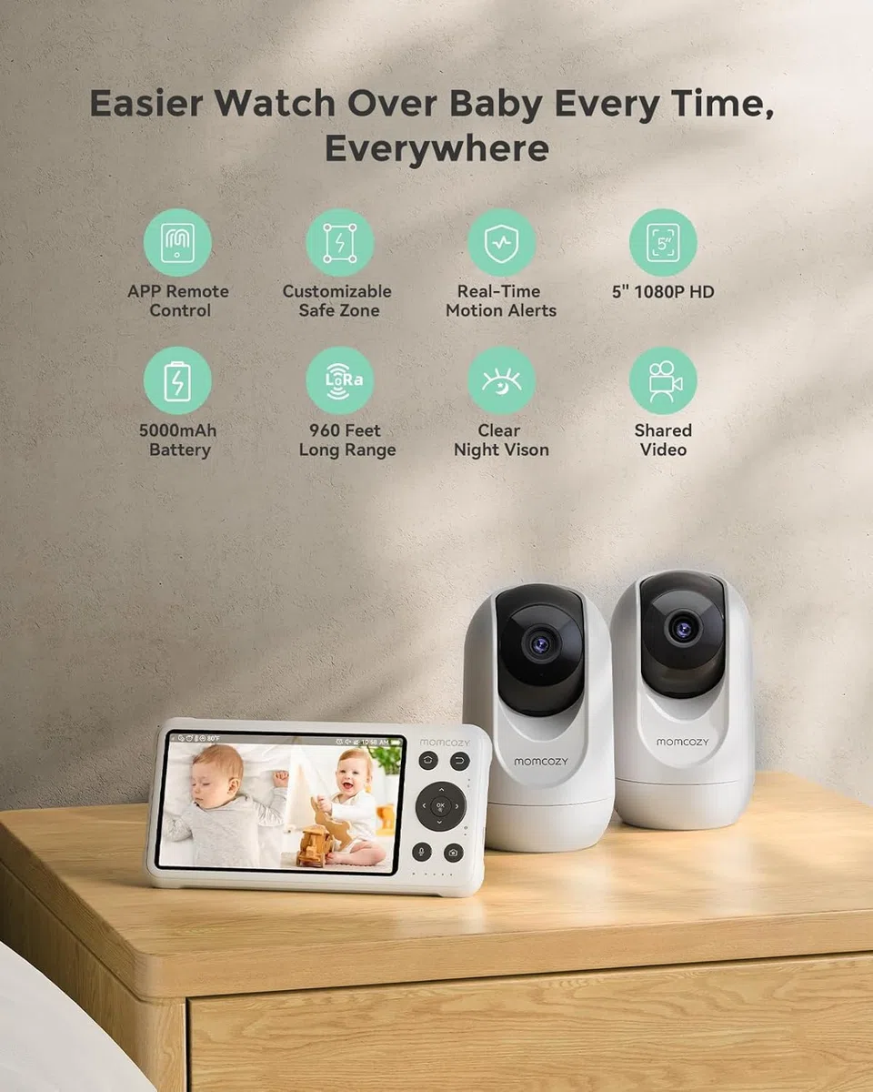 momcozy Babyphone mit 2 Kamera App, 5 Zoll WLAN Video Babyphone mit Kamera und Audio, 4×Zoom, Bewegungs und Weinenkennung, sicherer Zaun, klare Nachtsicht, 2-Wege-Gespräch, Foto & Videoaufzeichnung