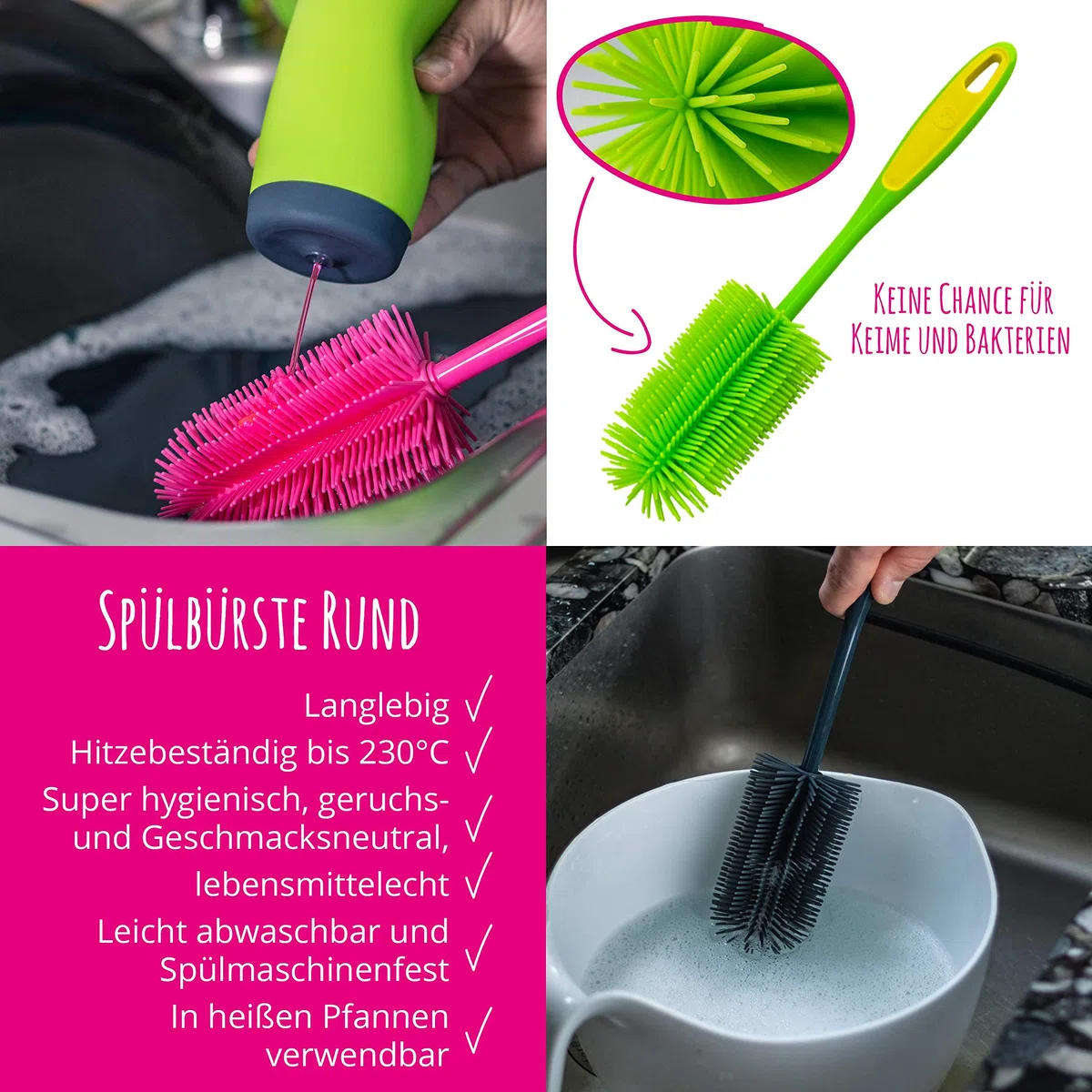 Kochblume Silikonbürsten 3er Set mit Wechselköpfen | Flaschenbürste, Spülbürste, Antibakteriell, Keimfrei (anthrazit)