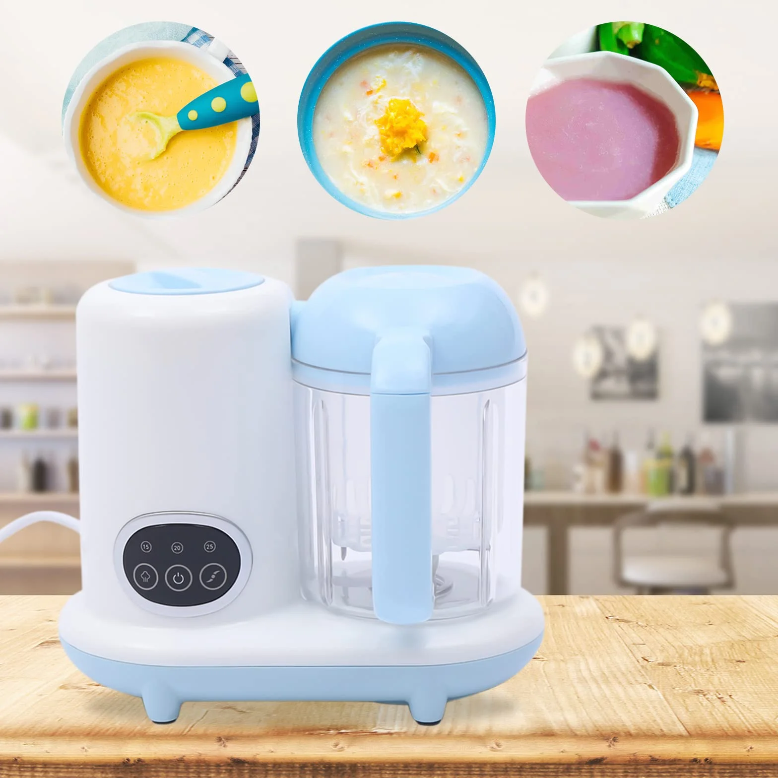 Babynahrungszubereiter Mixer und Dampfgarer für Pürierte Lebensmittel zum Rühren und Dämpfen von Obst Gemüse Getreide Fisch 23.7 * 17.1 * 20.4CM Blau und Weiß