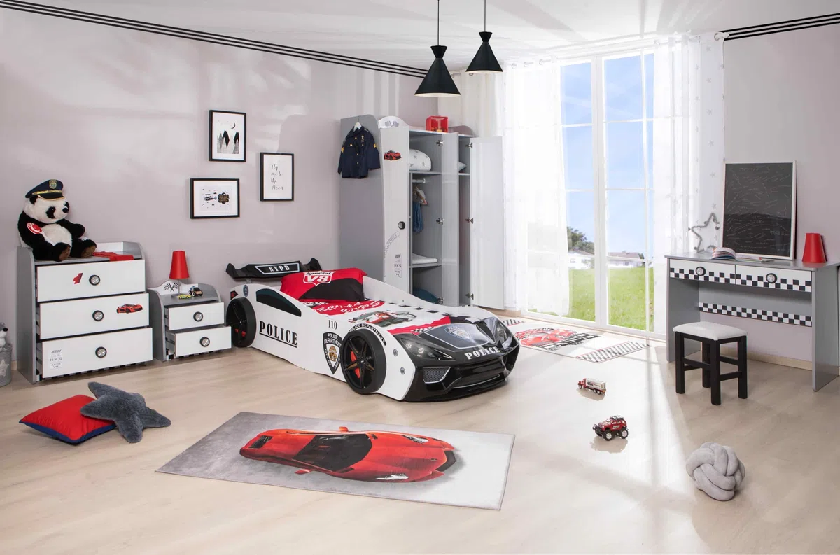 Kinderzimmer Komplett Set Jugendzimmer Kindermöbel 5 teilig mit Autobett Police (ohne Matratze)