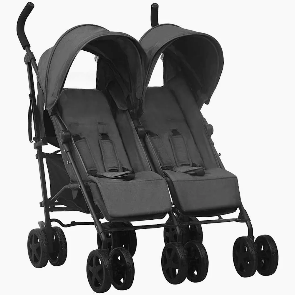 vidaXL Geschwisterwagen mit 12 Rädern Korb Traggürtel Zusammenklappbar Verstellbar Kinderwagen Zwillingswagen Zwillingsbuggy Buggy Anthrazit Stahl