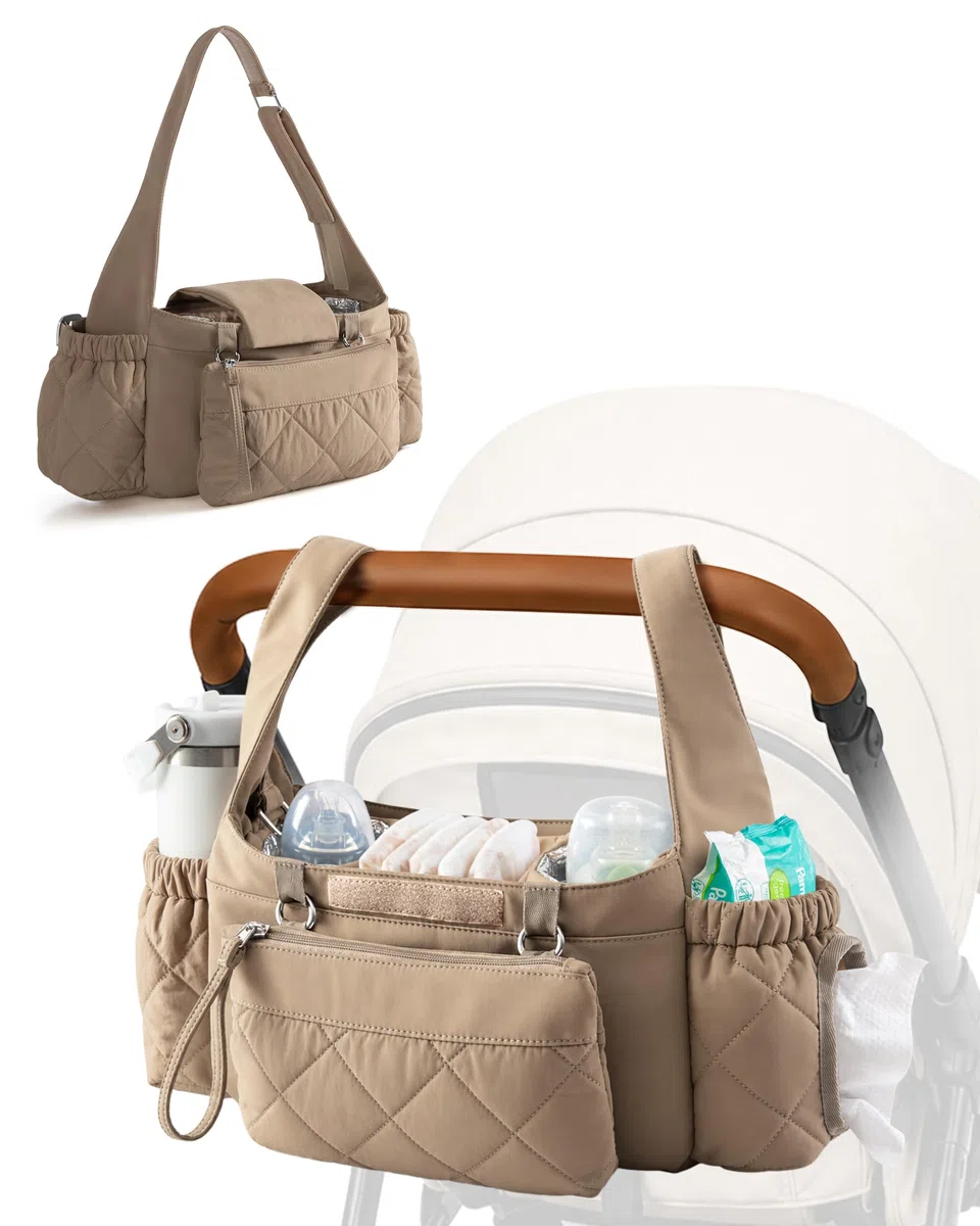 Marscamd Kinderwagen-Organizer mit doppelt isolierten Getränkehaltern, Camel | 3 Tragemöglichkeiten, mit abnehmbarer Handgelenktasche, Feuchttuchspender und großem Flaschenhalter, gestepptes Design