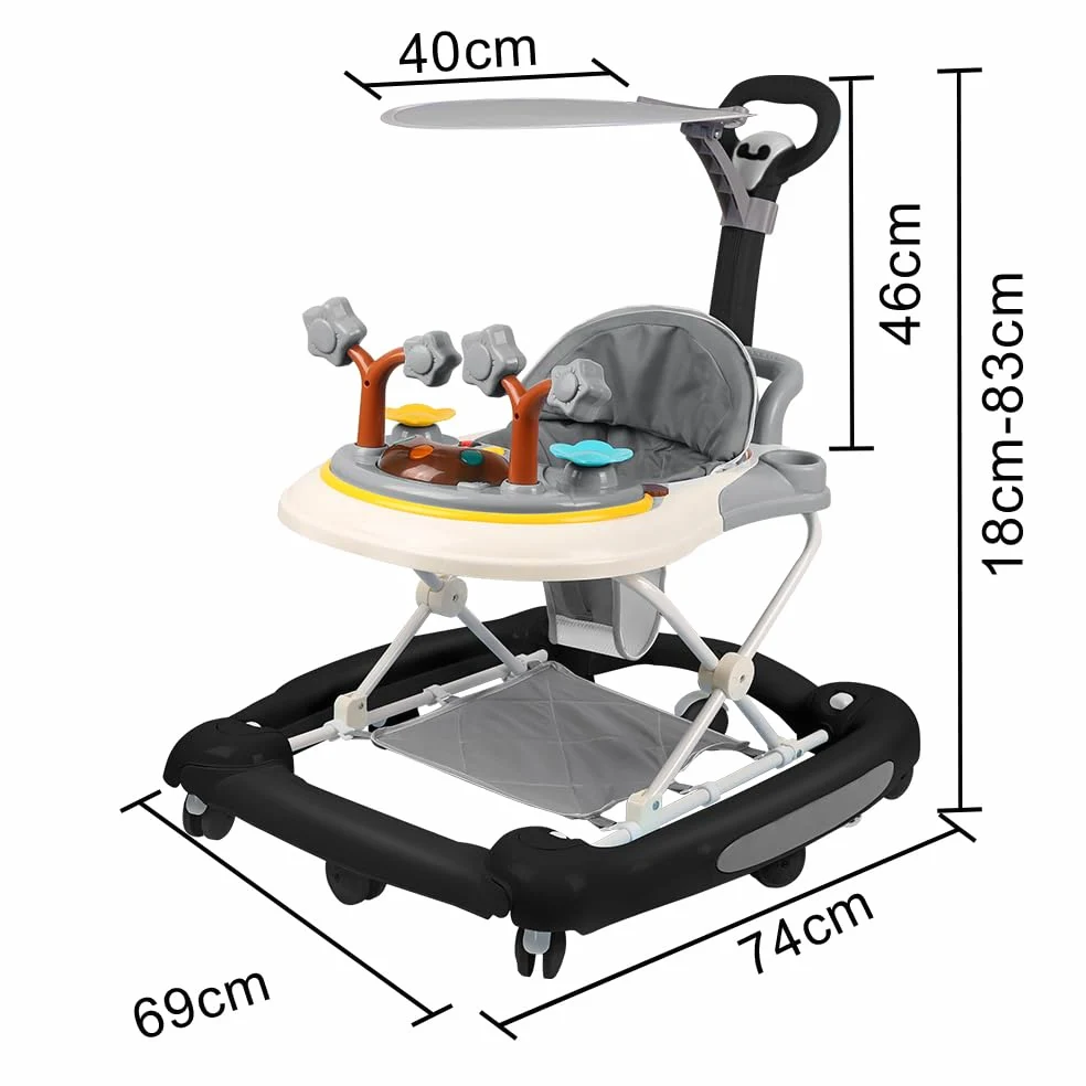 5-in-1 Lauflernhilfe für Babys, 5 Höhenverstellung und Klappbar, Gehfrei Babywalker ab 6 Monate, bis zu 20 kg mit Fußmatte+Schub+Sonnenschutz (Schwarz)