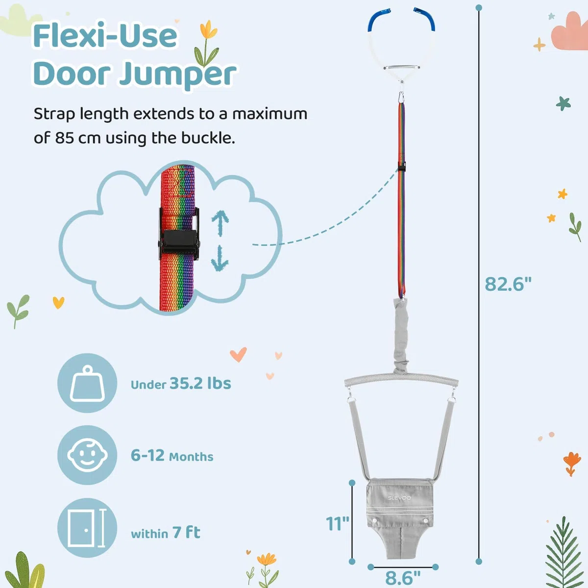 Slevoo Baby Jumper, BabyTürhopser für Babys von 6–24 Monaten, Baby-Türwippe mit einfach zu verwendender Klemme und verstellbarem Gurt, Tragfähigkeit 18 kg(Grau)